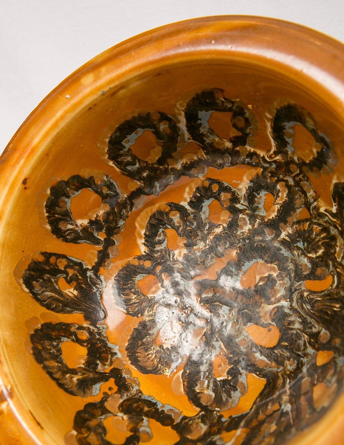 Glazed Large Mochaware Bowl with Both Cable and Marbled Decoration