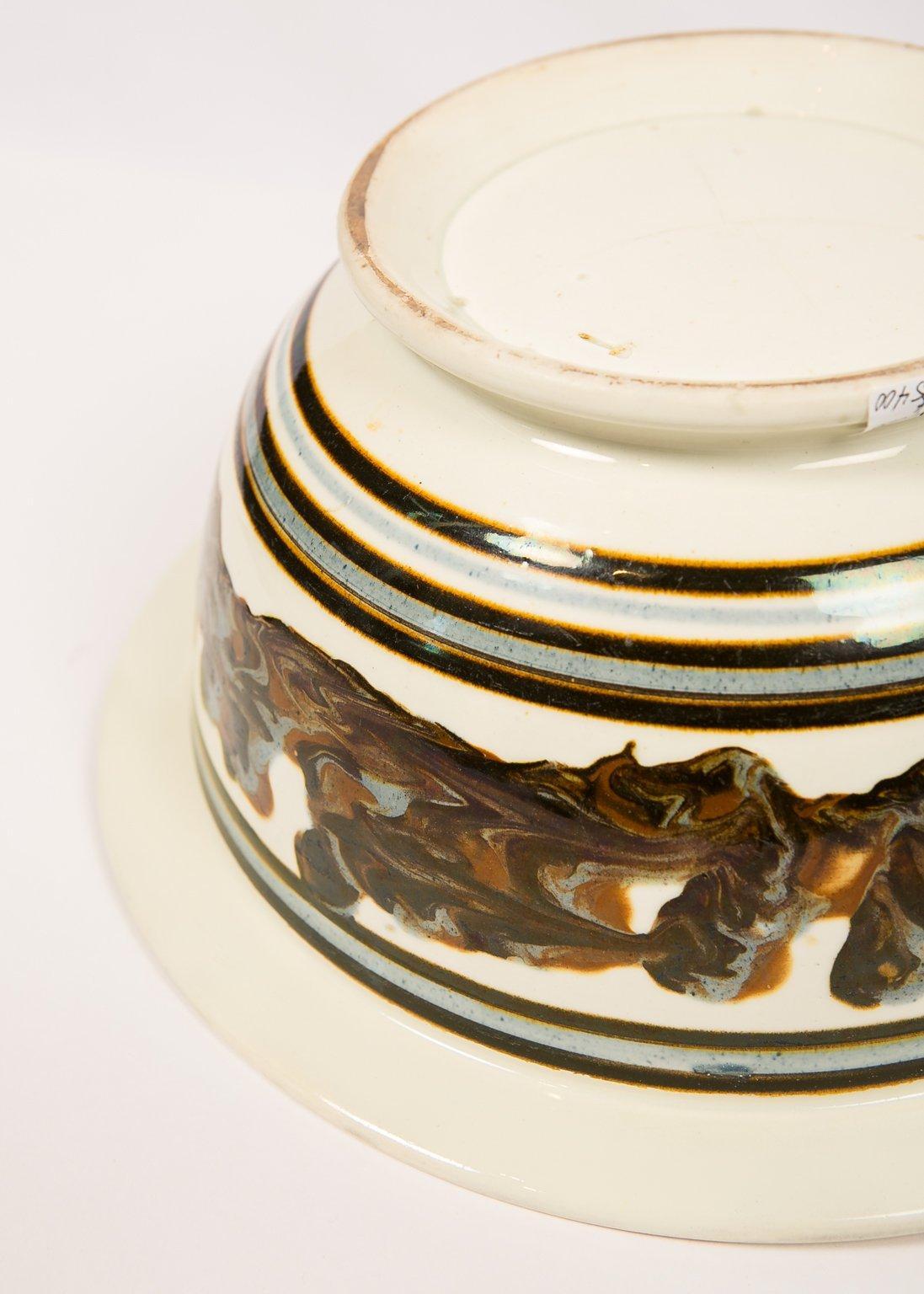 19th Century Large Mochaware Bowl with Both Cable and Marbled Decoration