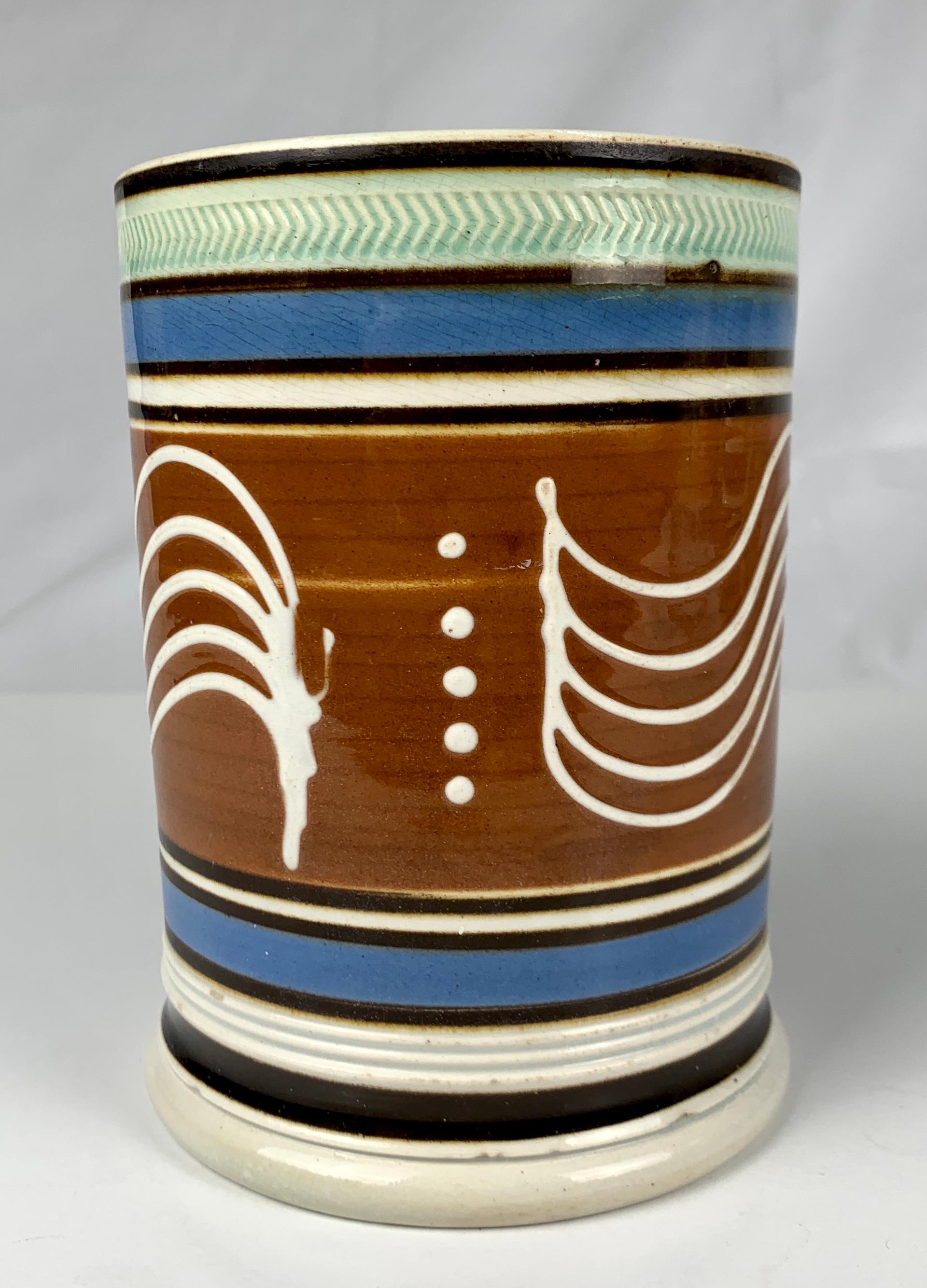 Folk Art Large Mochaware Mug with Wavy Line Slip Decoration, England, Circa 1820