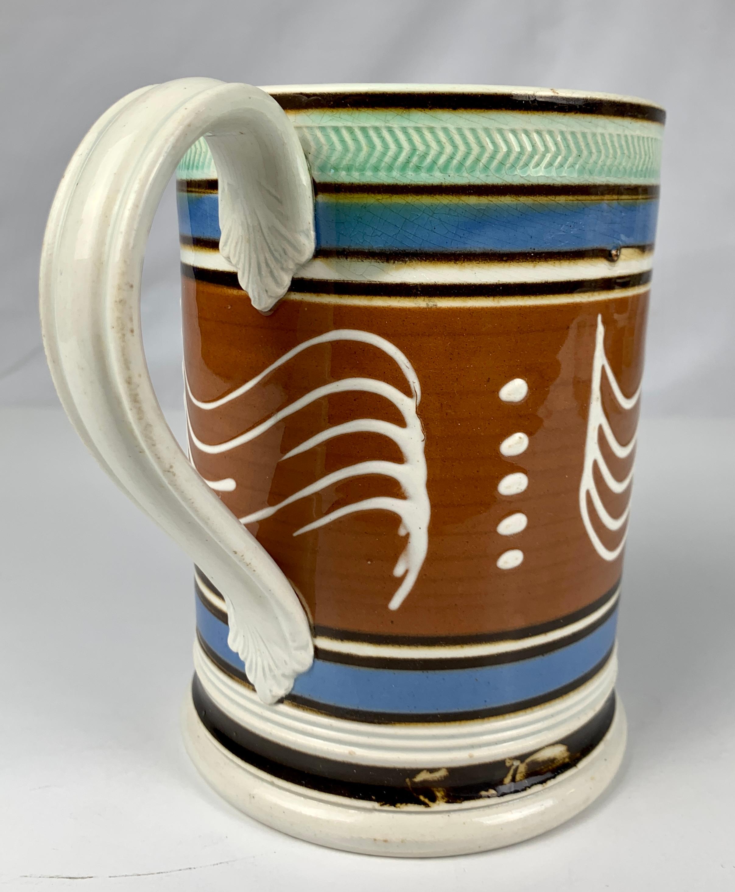English Large Mochaware Mug with Wavy Line Slip Decoration, England, Circa 1820