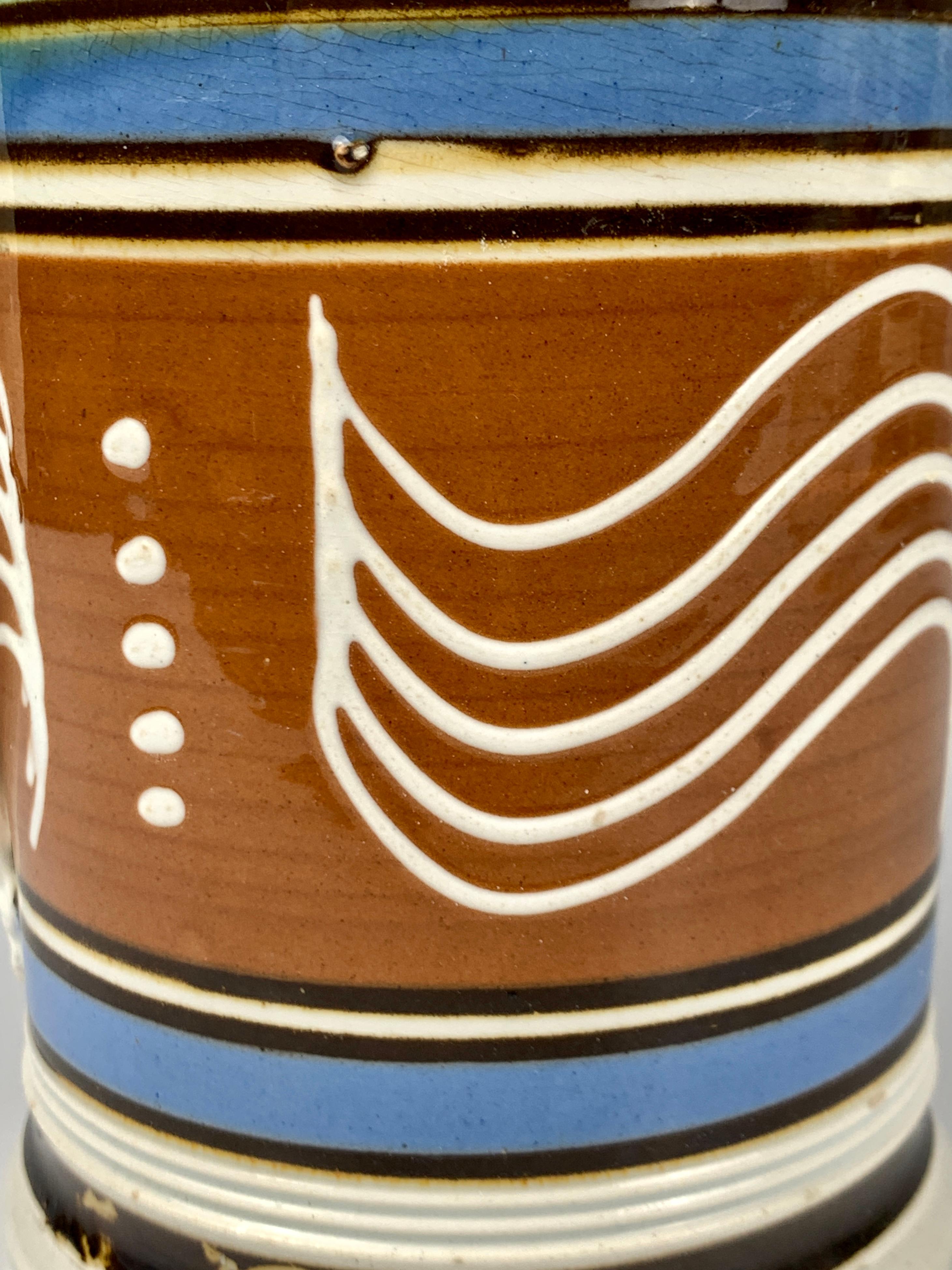 19th Century Large Mochaware Mug with Wavy Line Slip Decoration, England, Circa 1820