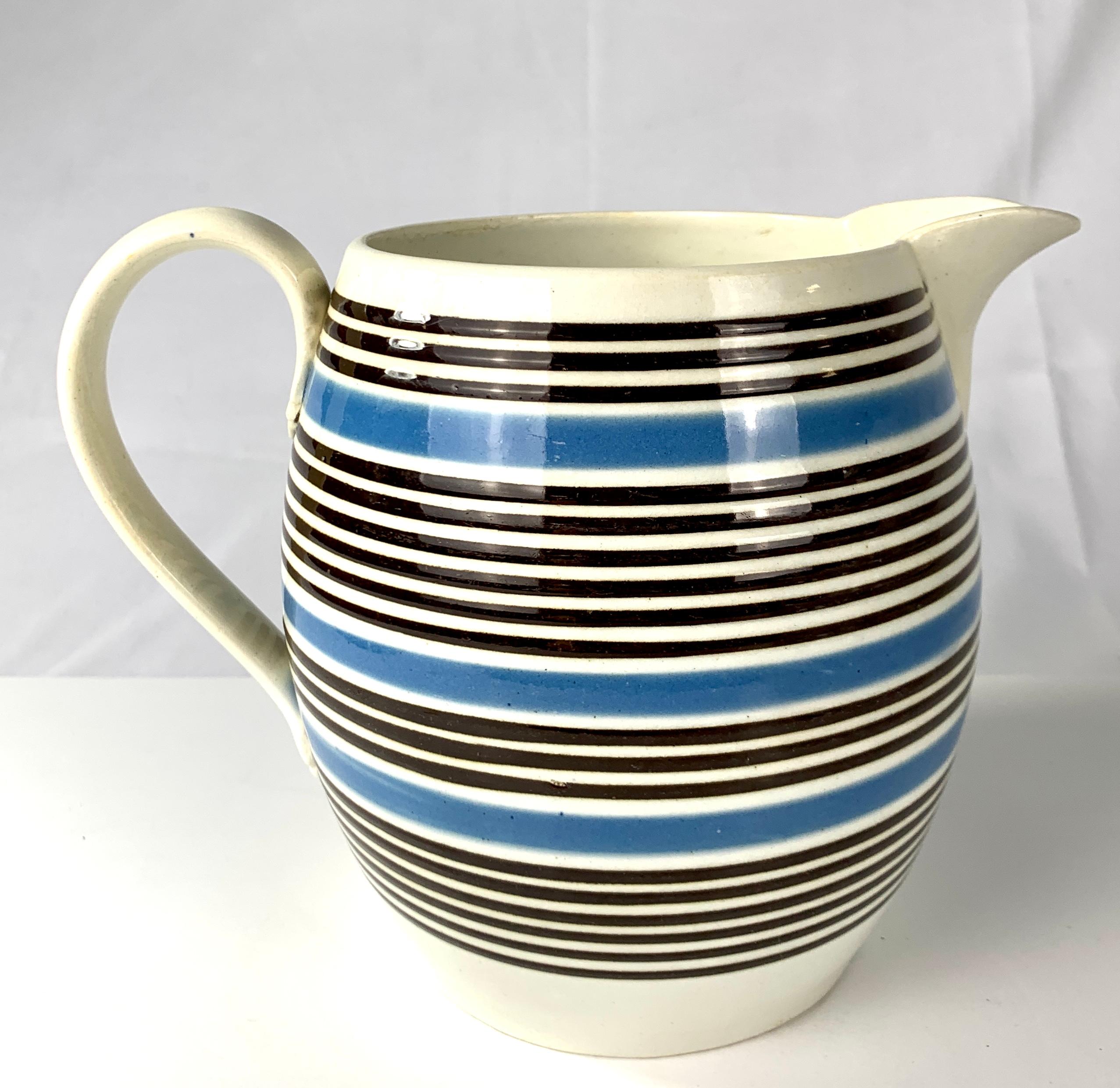 Large Mochaware Pitcher Blue and Black Slip Decoration Made England, Circa 1830 In Excellent Condition In Katonah, NY