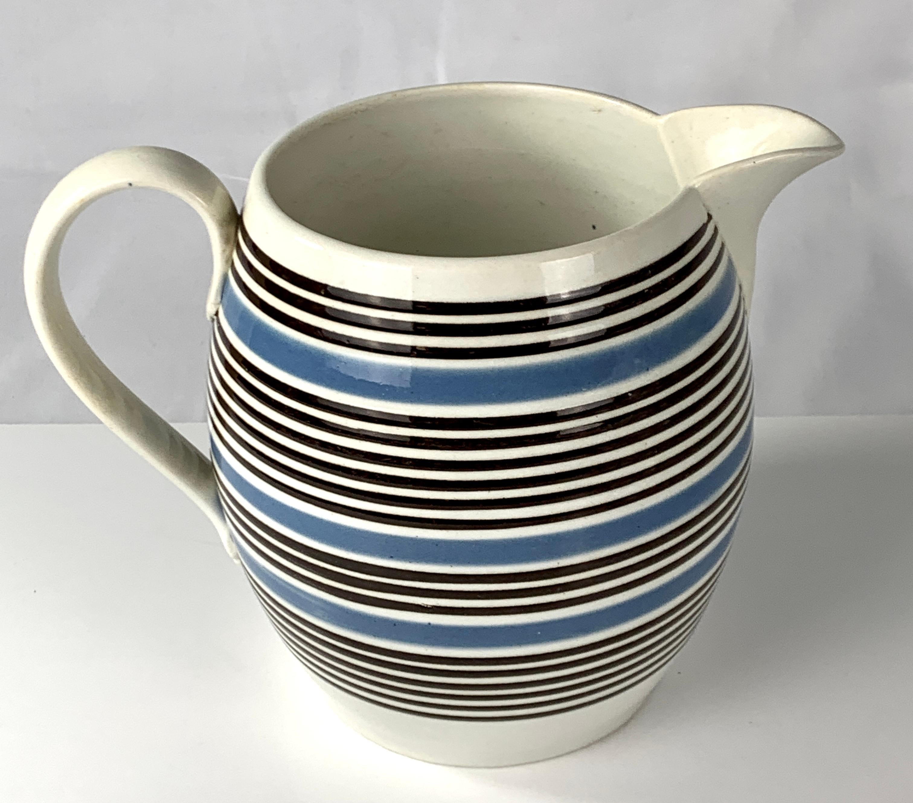 Earthenware Large Mochaware Pitcher Blue and Black Slip Decoration Made England, Circa 1830