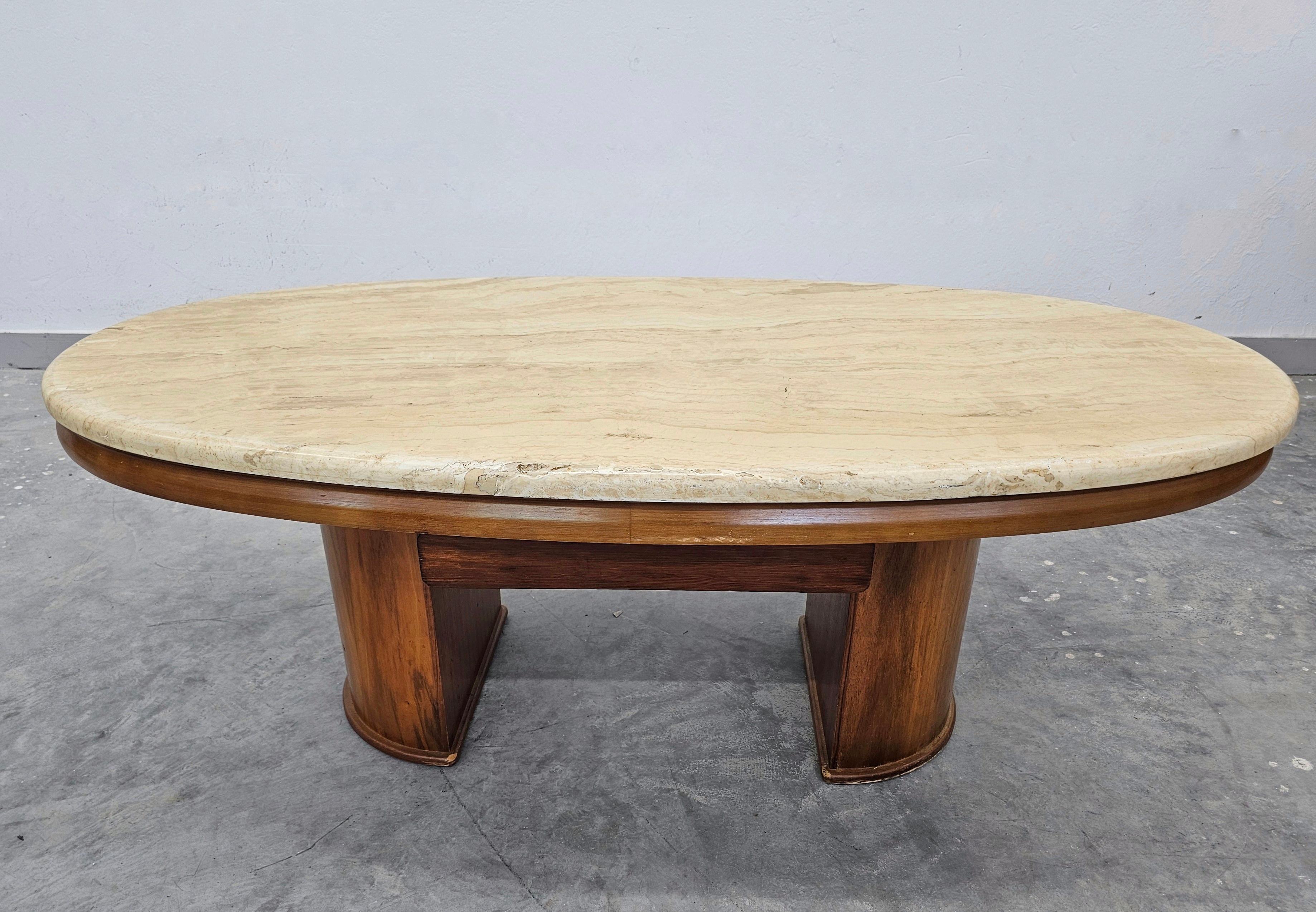Large Mod Century Modern Sofa Table done in walnut with travertine top For Sale 4