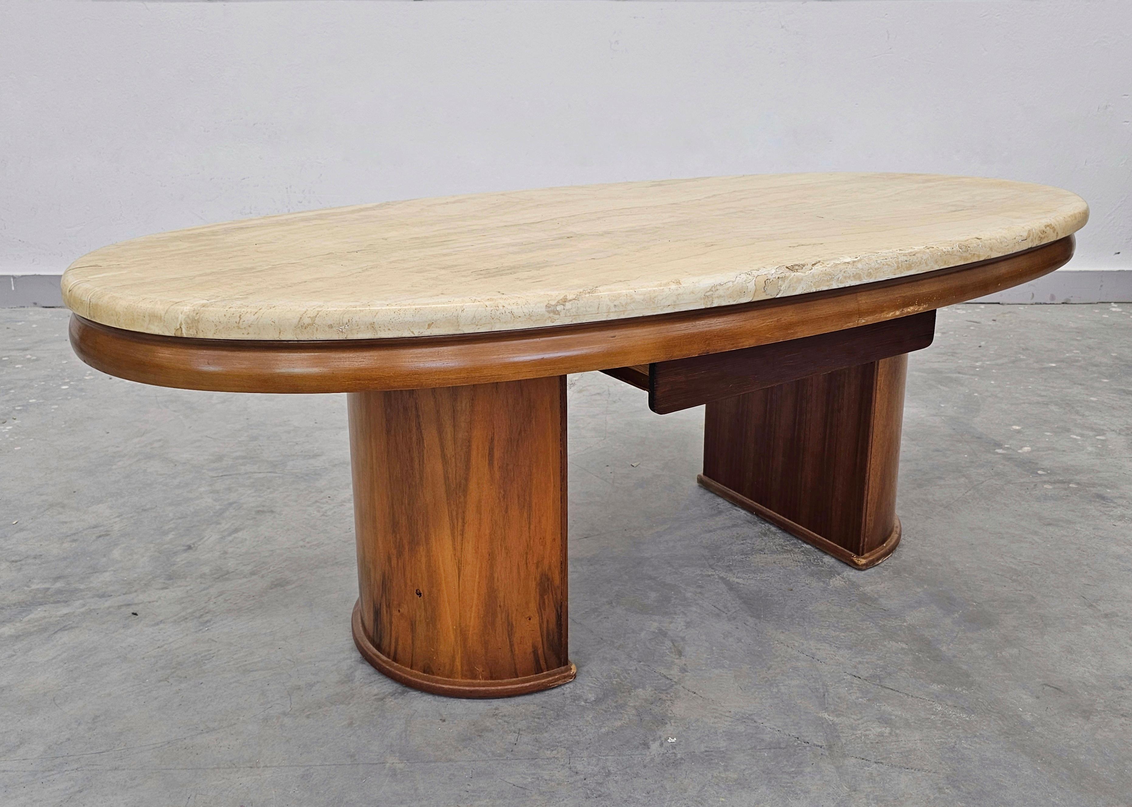 Large Mod Century Modern Sofa Table done in walnut with travertine top For Sale 5