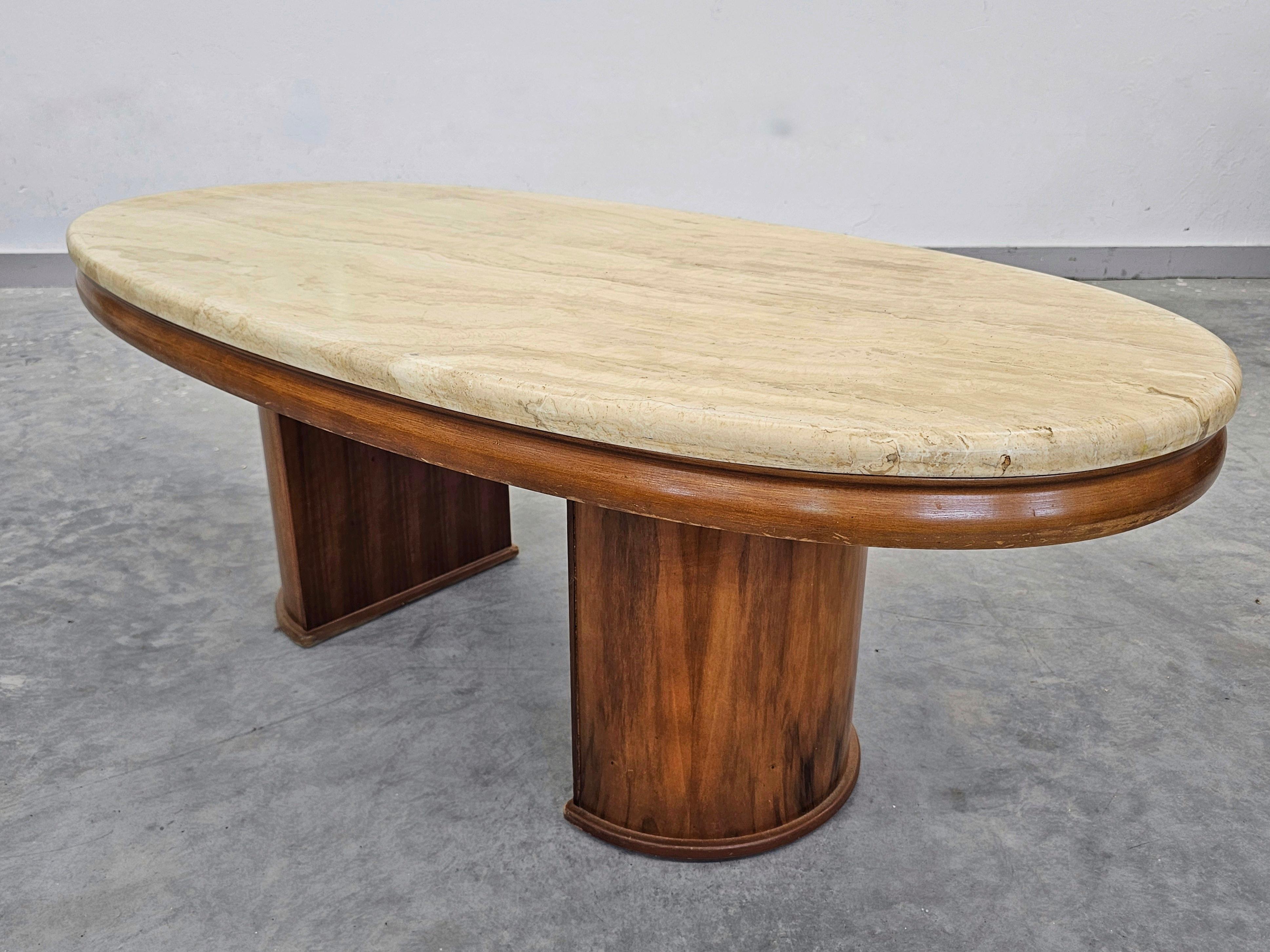 Large Mod Century Modern Sofa Table done in walnut with travertine top For Sale 7