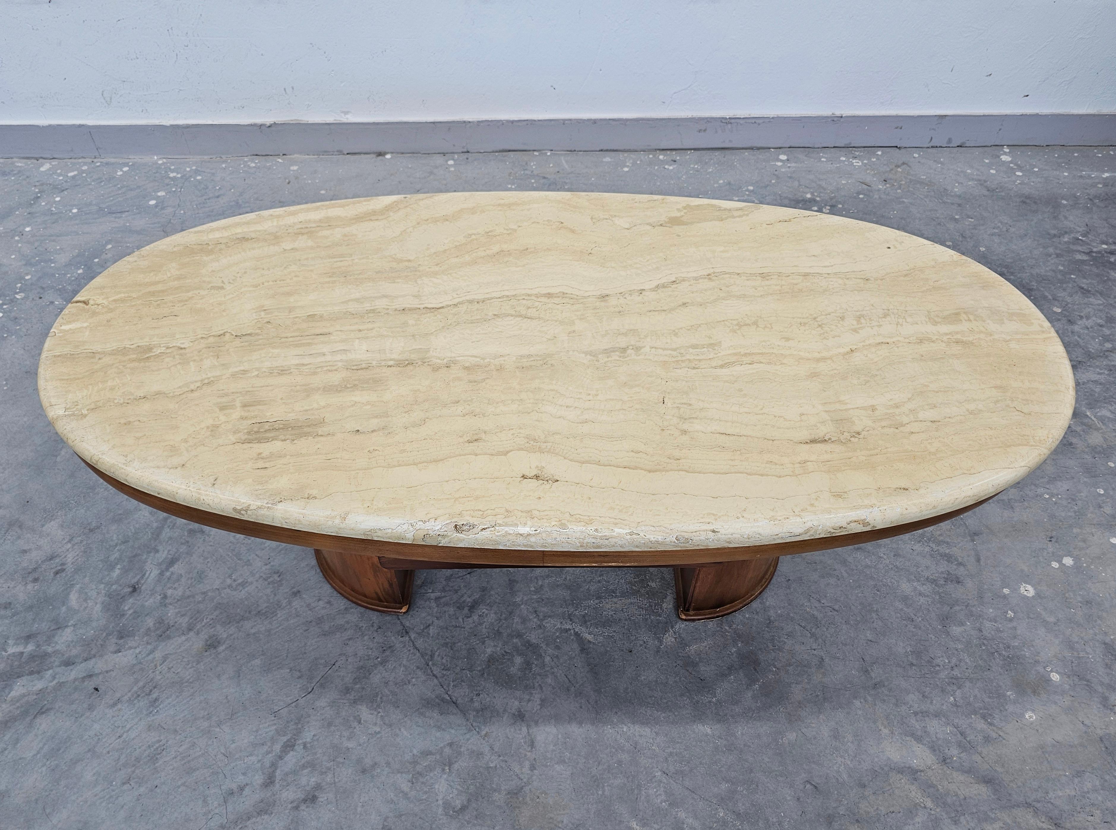 Italian Large Mod Century Modern Sofa Table done in walnut with travertine top For Sale