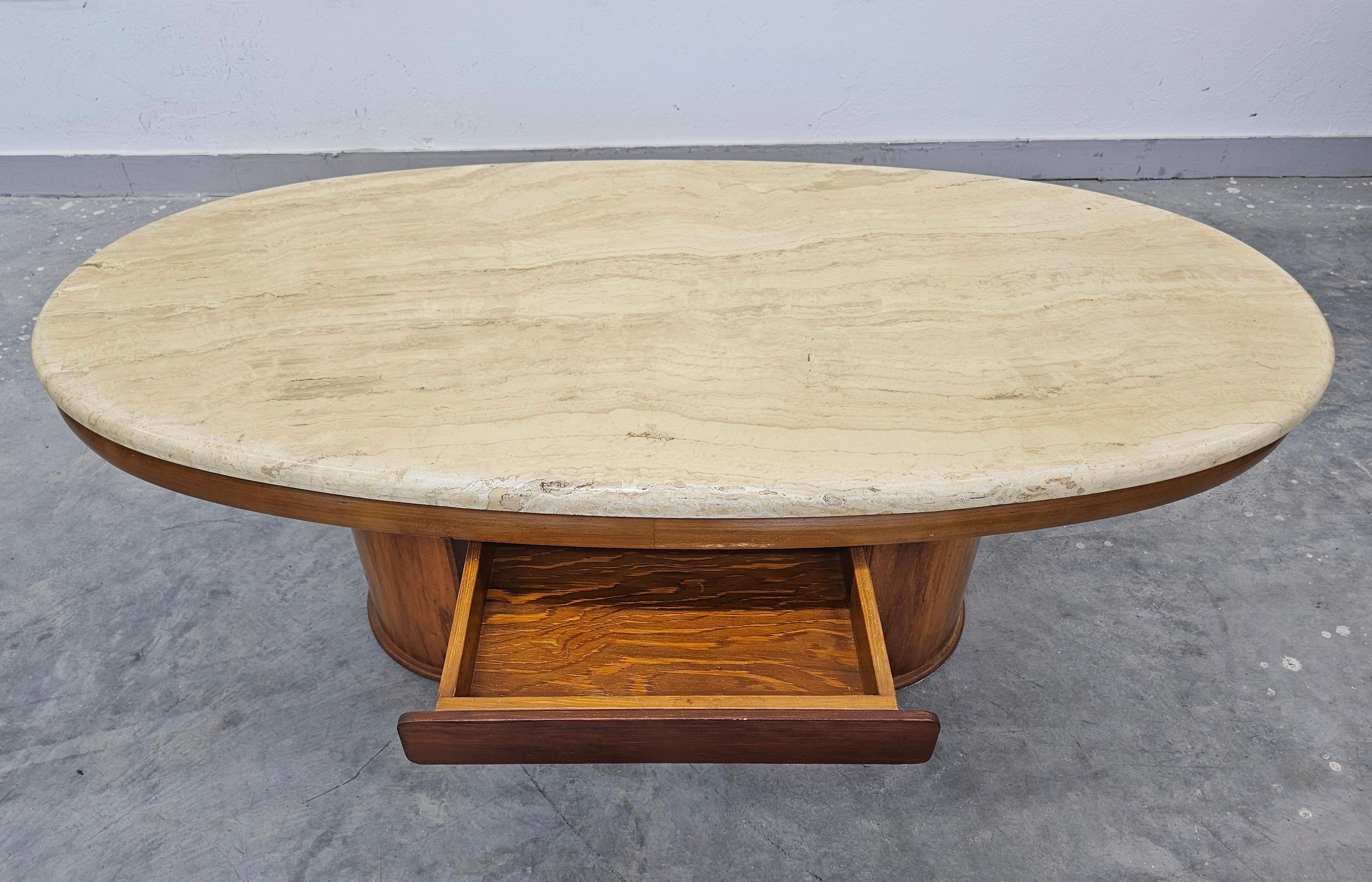 Late 20th Century Large Mod Century Modern Sofa Table done in walnut with travertine top For Sale