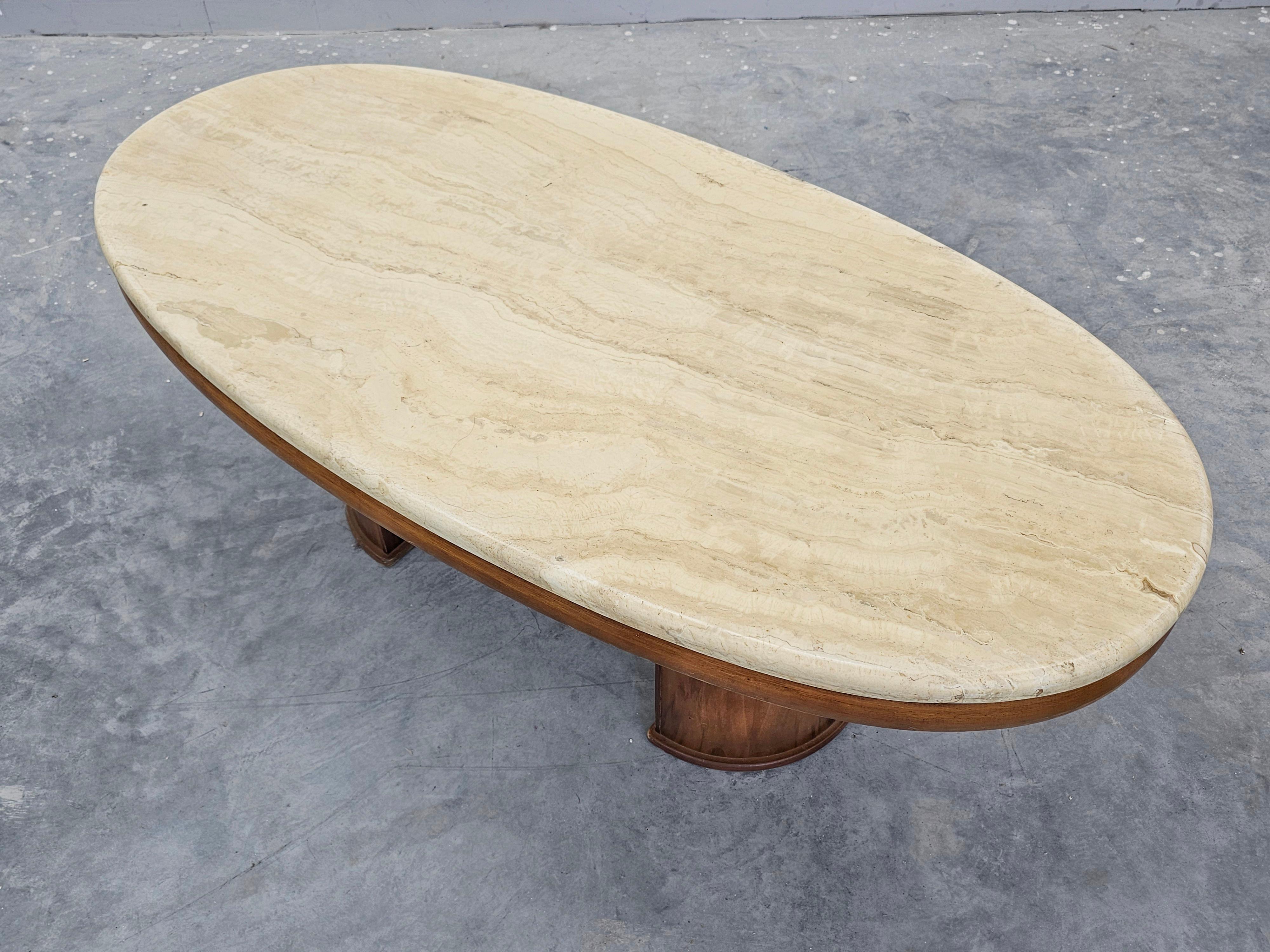 Large Mod Century Modern Sofa Table done in walnut with travertine top For Sale 2