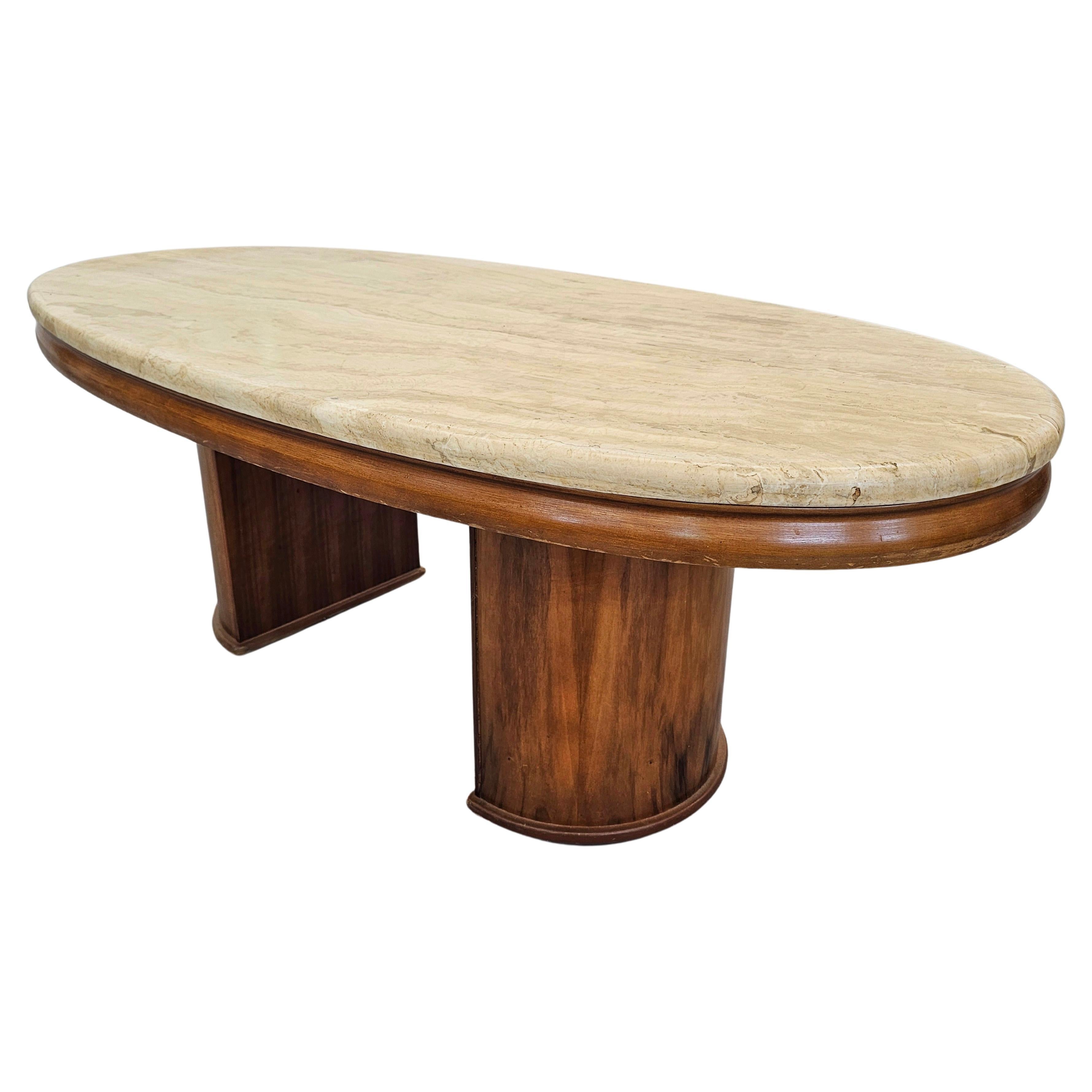Large Mod Century Modern Sofa Table done in walnut with travertine top For Sale