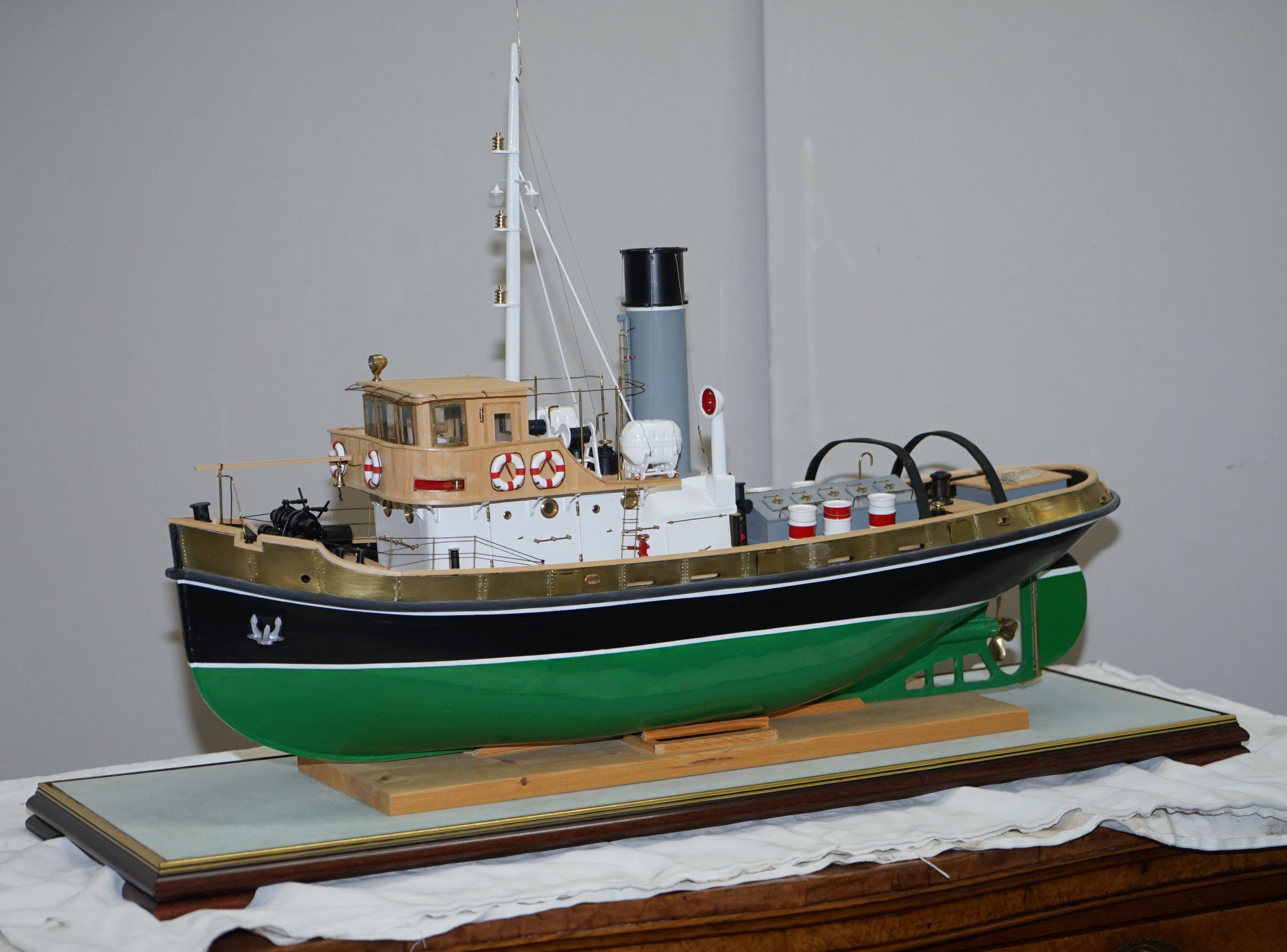 Post-Modern Large Model Ship of the Anteo Tugboat in Hardwood Frame Glass Exhibition Case