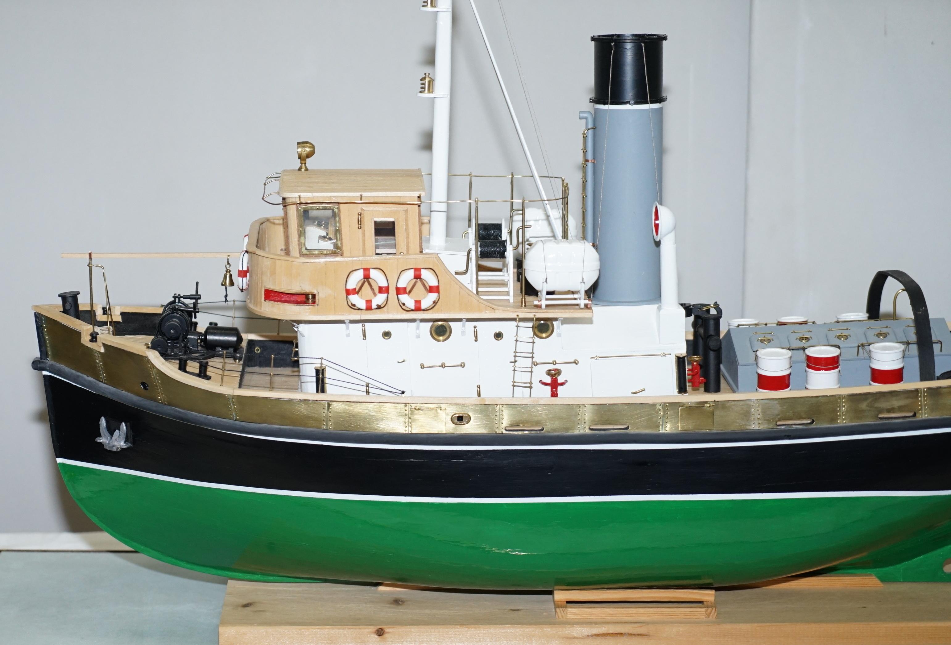 English Large Model Ship of the Anteo Tugboat in Hardwood Frame Glass Exhibition Case
