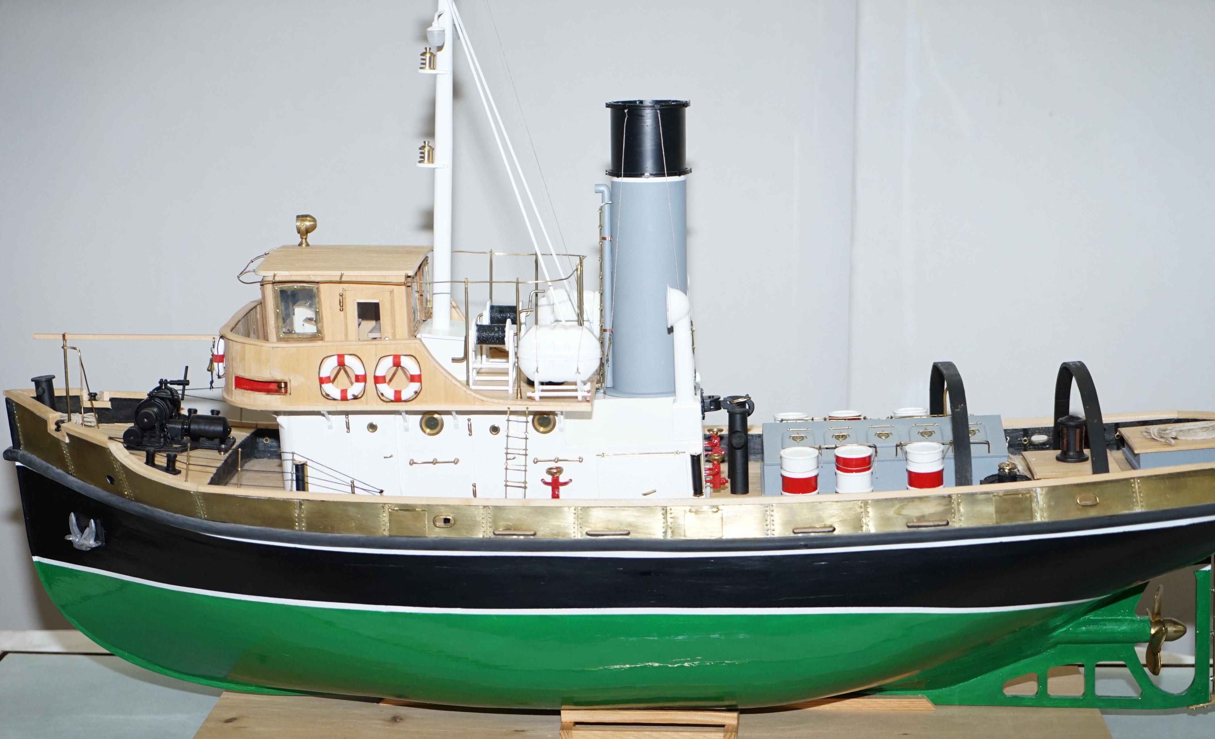 Hand-Crafted Large Model Ship of the Anteo Tugboat in Hardwood Frame Glass Exhibition Case