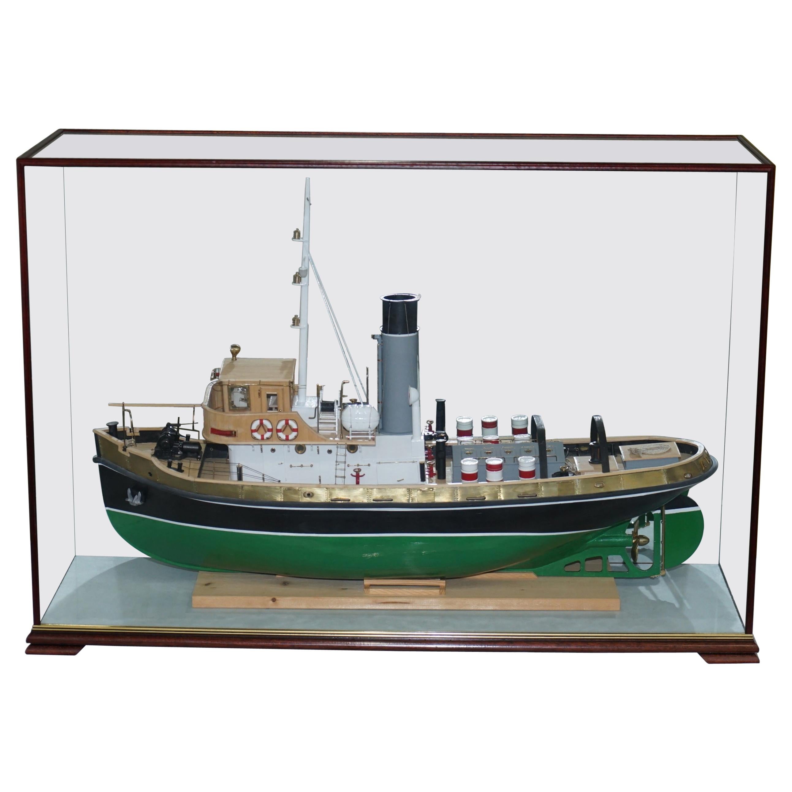 Large Model Ship of the Anteo Tugboat in Hardwood Frame Glass Exhibition Case