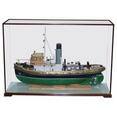 Used Large Model Ship of the Anteo Tugboat in Hardwood Frame Glass Exhibition Case