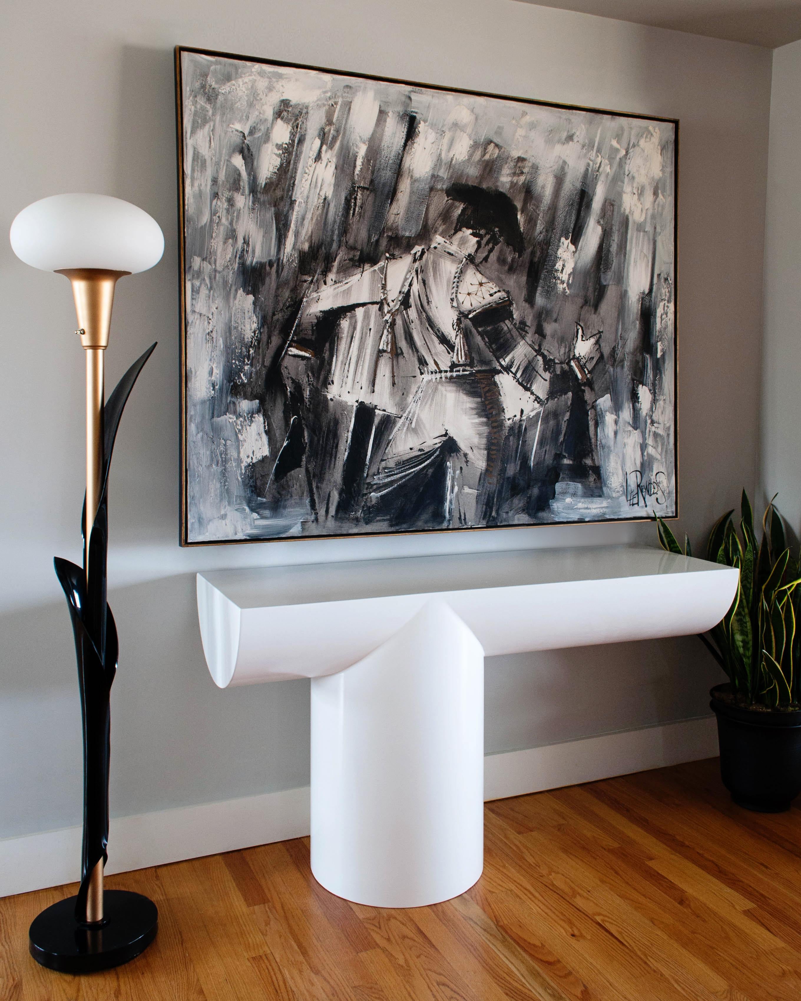 Fantastic, huge, modernist matador oil painting by Lee Reynolds produced at Vanguard Studios in Beverly Hills, California. The original painting depicts a Spanish matador wearing a hat, detailed jacket and cape in shades of white, black and gray