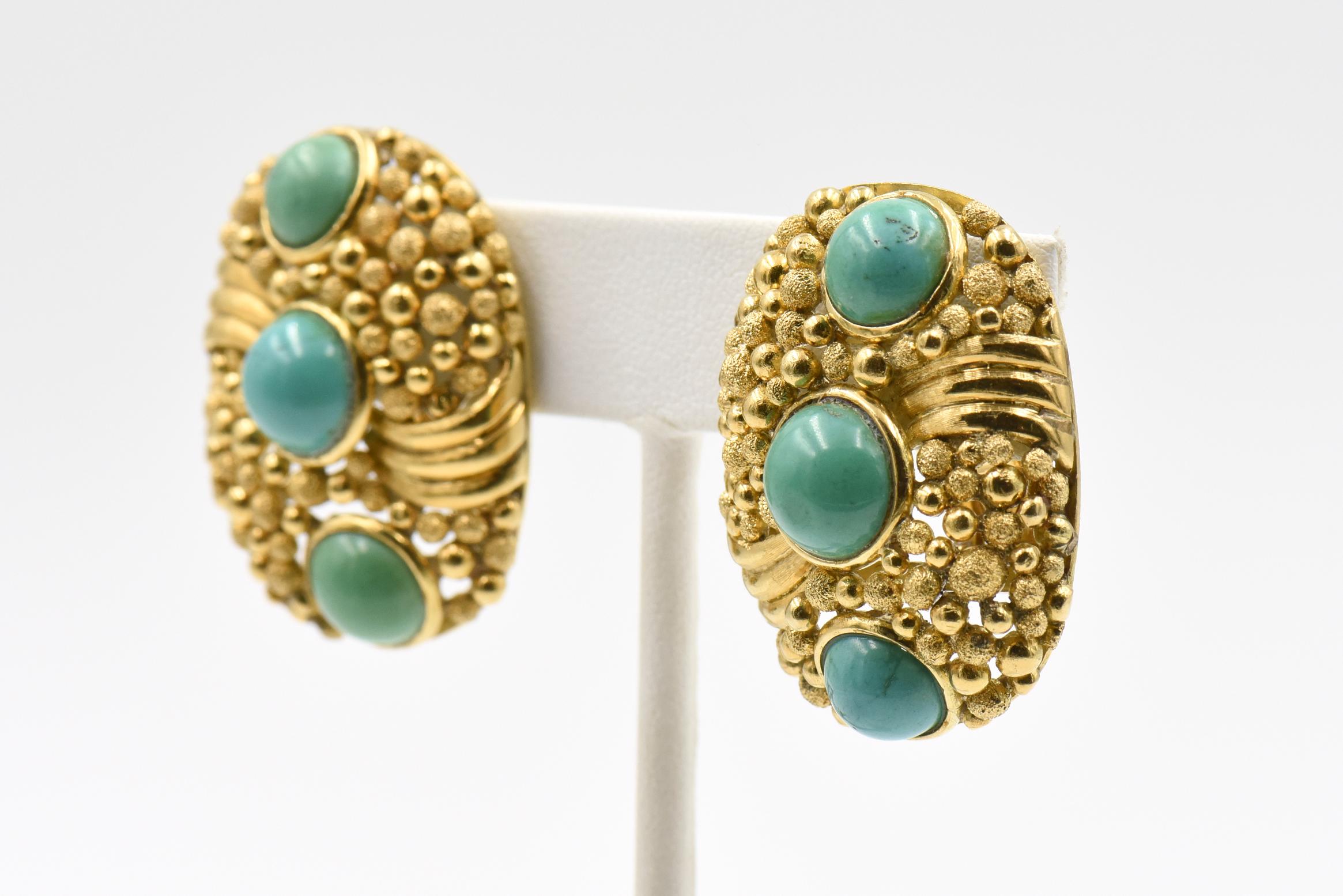 Large Modern 1970s Turquoise Textured Gold Earrings In Good Condition For Sale In Miami Beach, FL