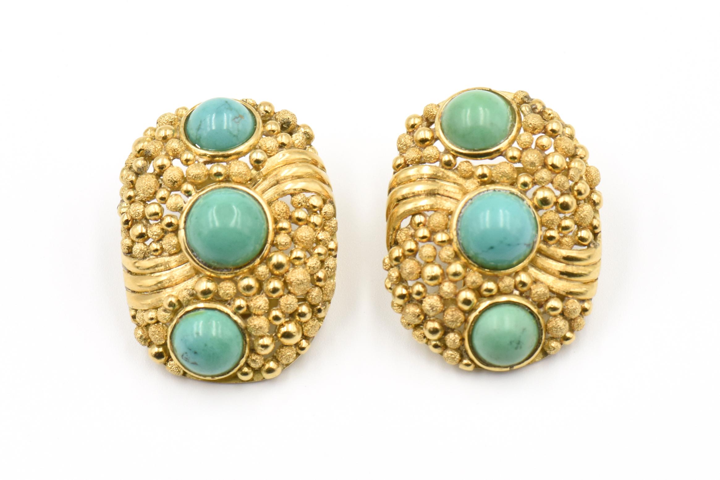 Women's Large Modern 1970s Turquoise Textured Gold Earrings For Sale