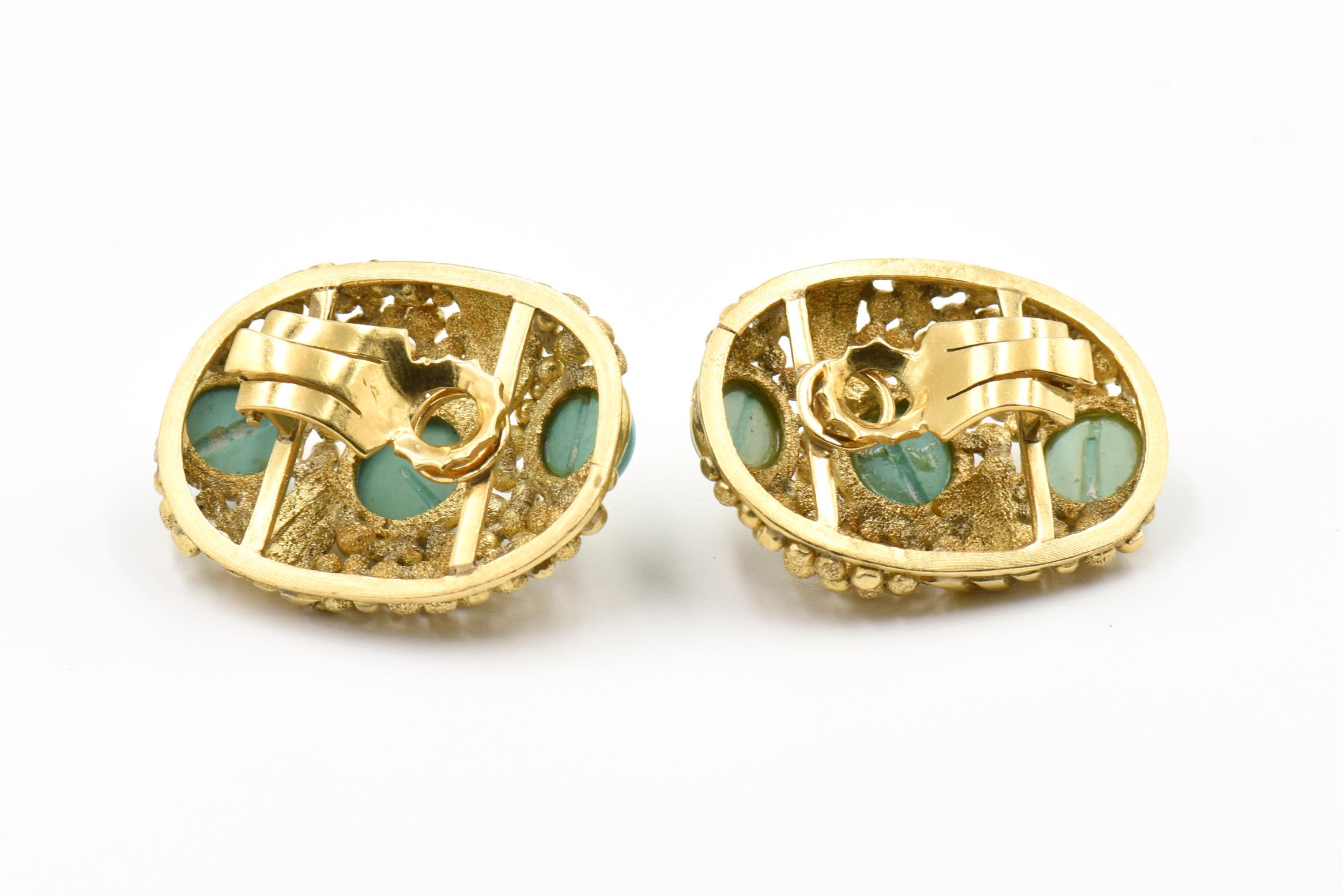 Large Modern 1970s Turquoise Textured Gold Earrings For Sale 1