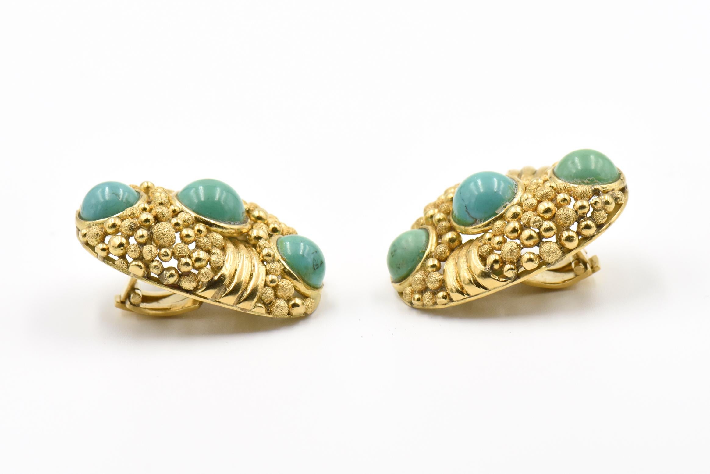 Large Modern 1970s Turquoise Textured Gold Earrings For Sale 2