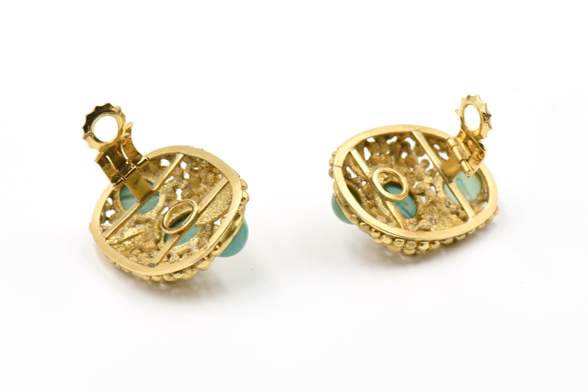 Large Modern 1970s Turquoise Textured Gold Earrings For Sale 3
