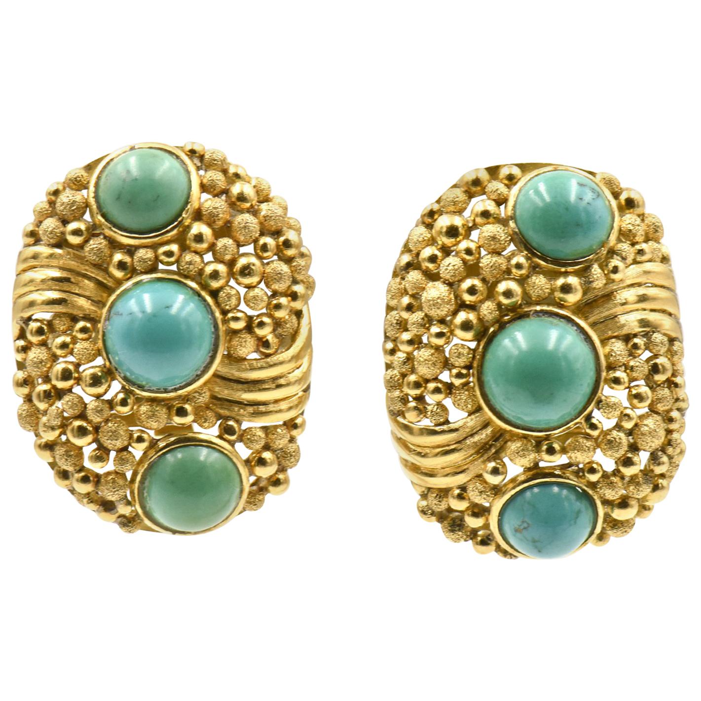 Large Modern 1970s Turquoise Textured Gold Earrings For Sale