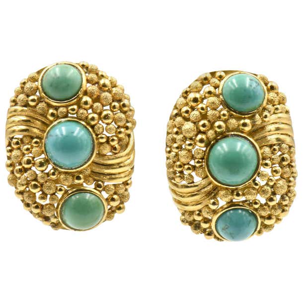 Large Modern 1970s Turquoise Textured Gold Earrings For Sale at 1stDibs