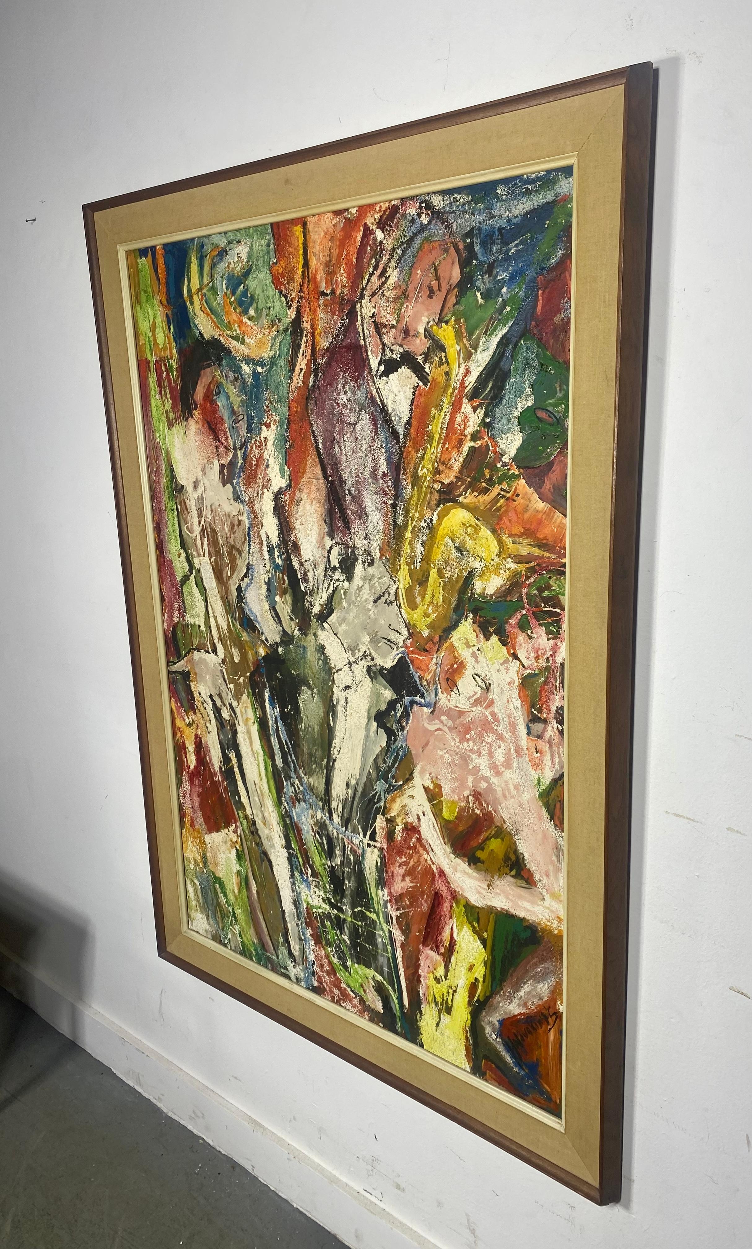 Américain Grande peinture à l'huile abstraite moderne sur panneau, « Night Club » Jazz en vente