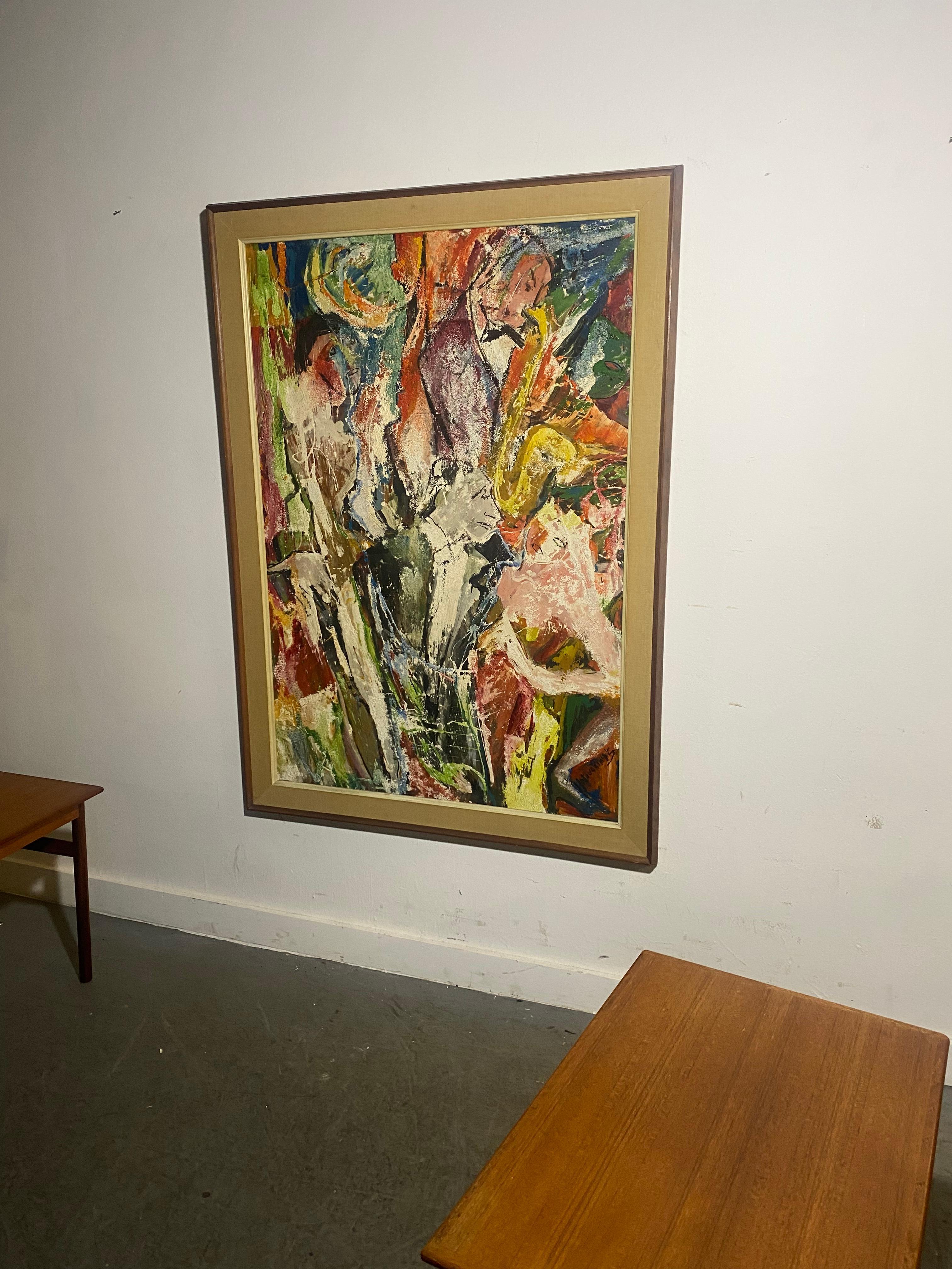 Grande peinture à l'huile abstraite moderne sur panneau, « Night Club » Jazz en vente 1