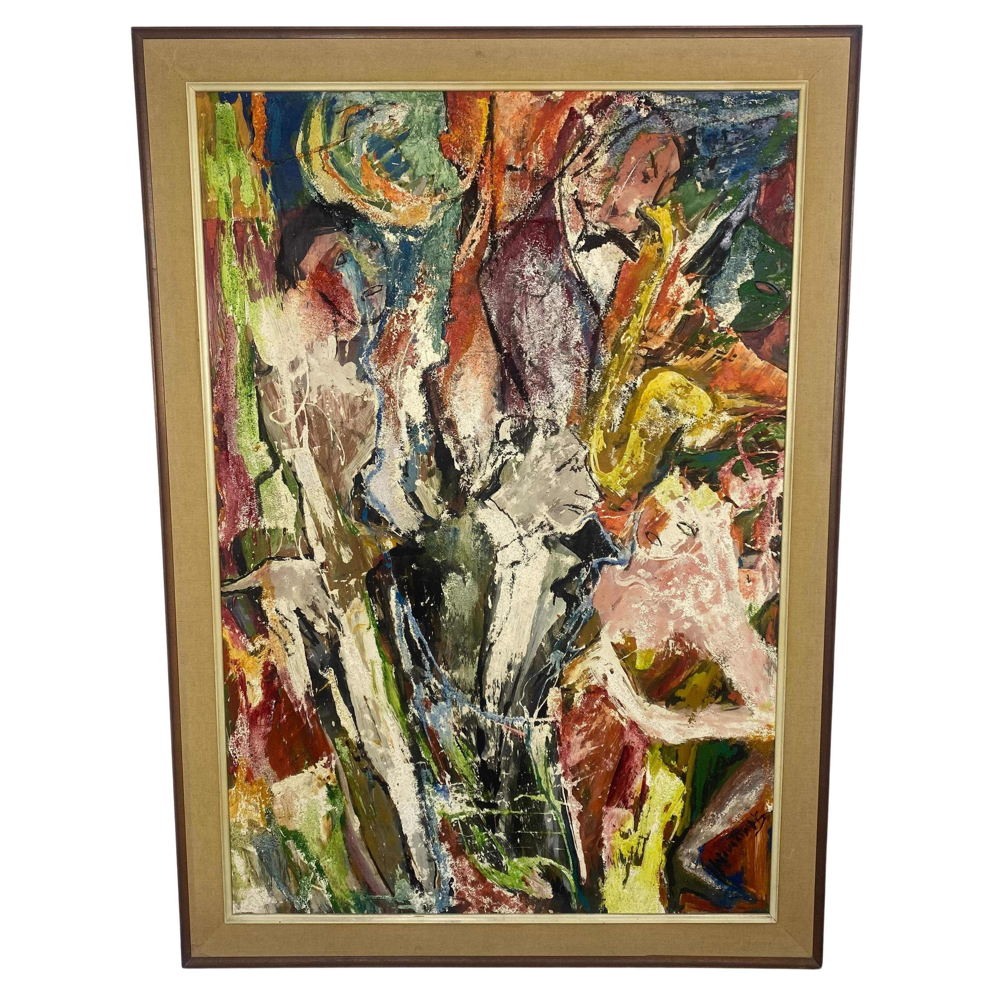 Gran pintura abstracta moderna al óleo sobre tabla, "Night Club" Jazz