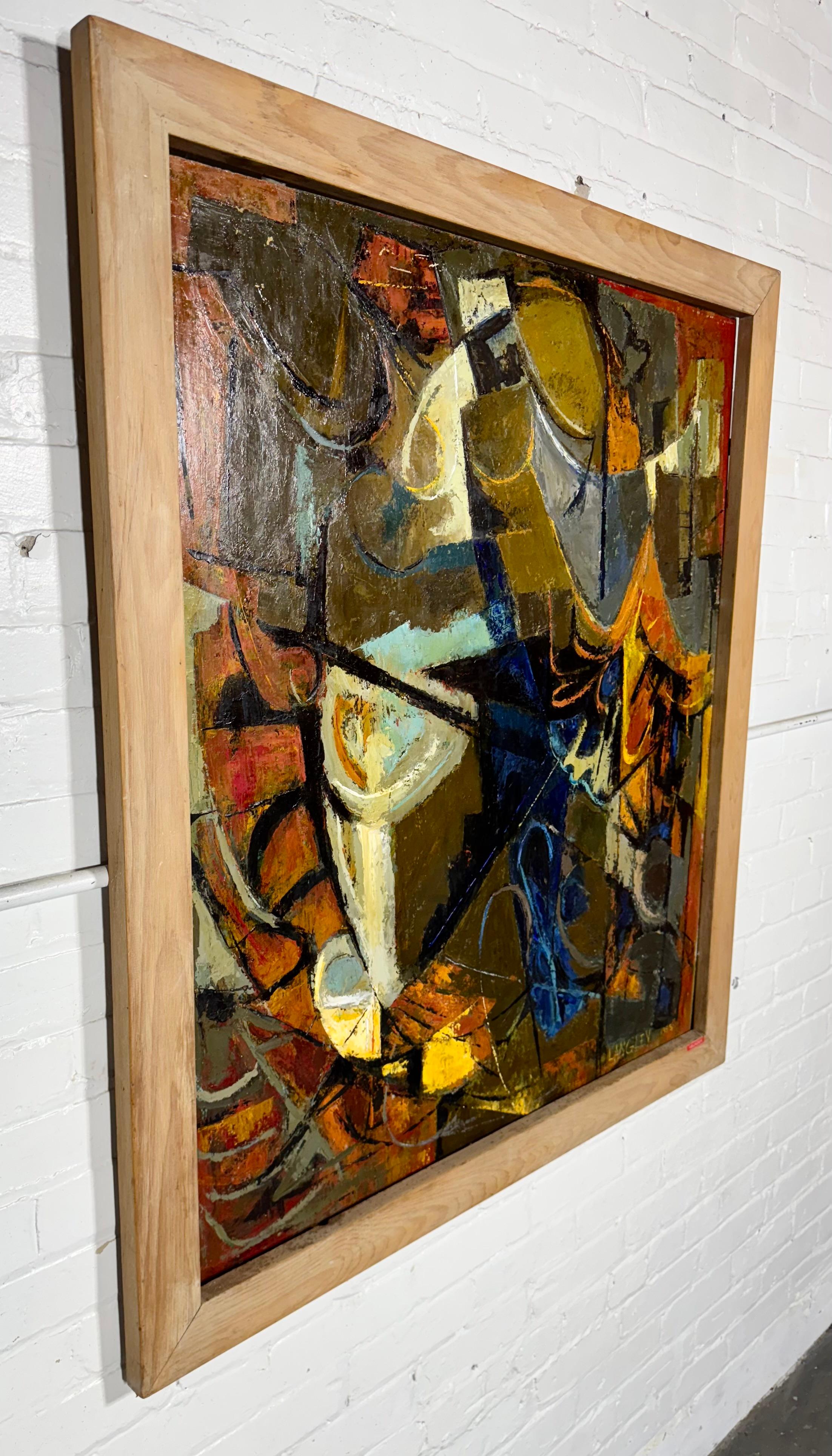Metà XX secolo Grande olio astratto moderno su tavola dell'artista di WNY Kathrin Langley. in vendita