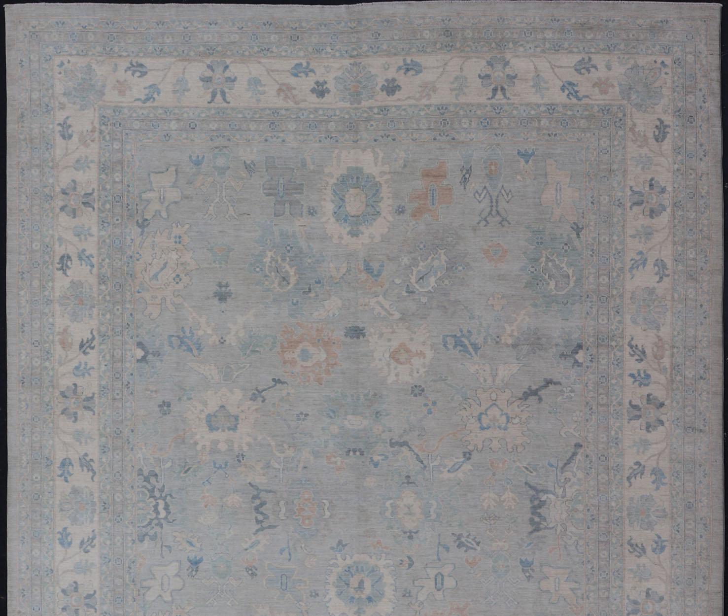 Very Large Modern Afghan Oushak with Soft Floral Motifs on Light Gray Background For Sale 4