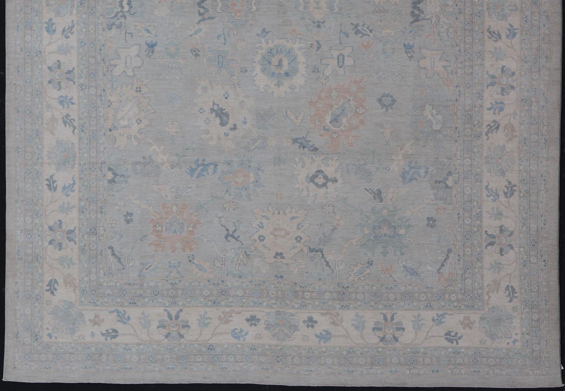 Very Large Modern Afghan Oushak with Soft Floral Motifs on Light Gray Background For Sale 6