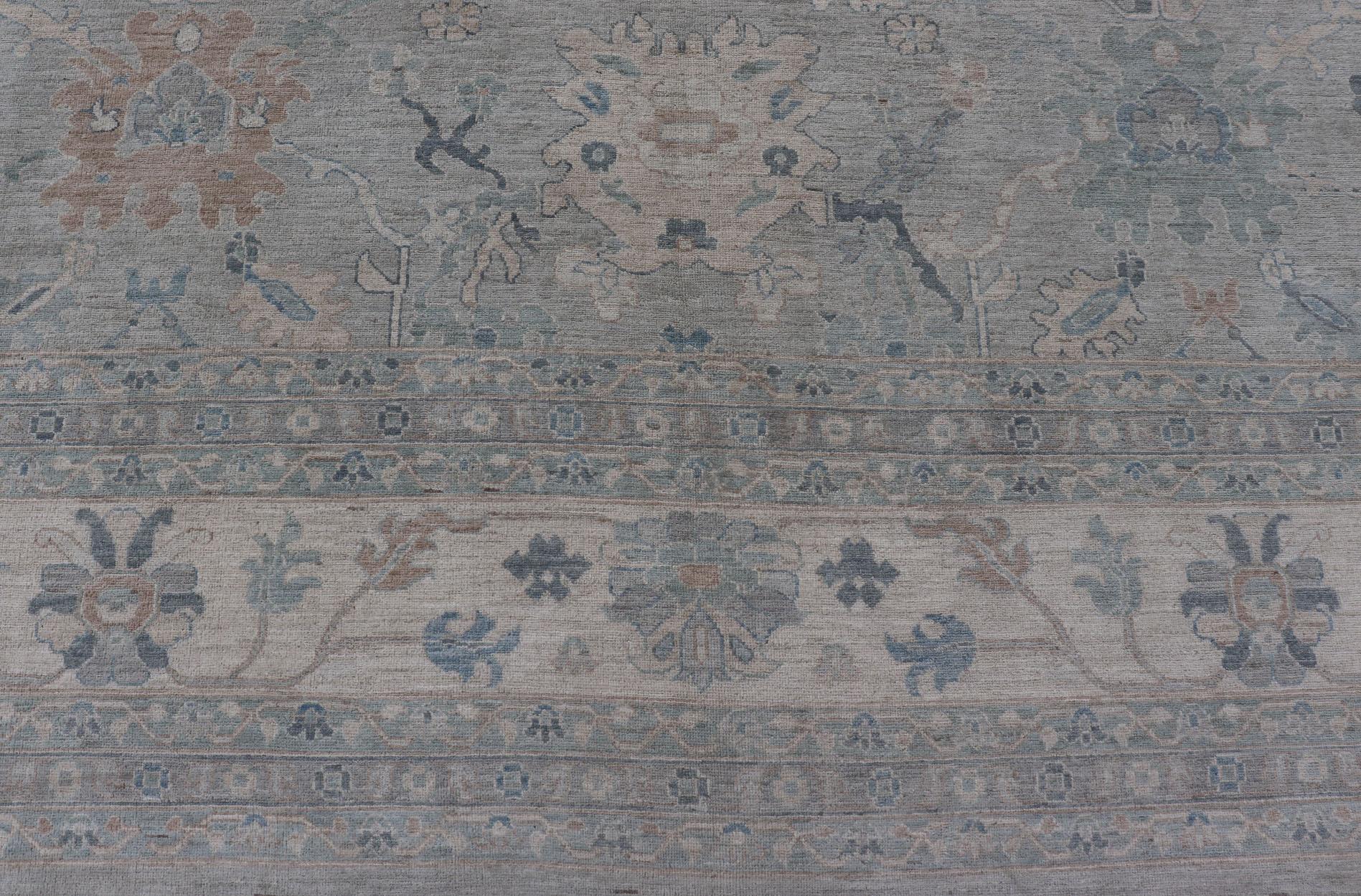Very Large Modern Afghan Oushak with Soft Floral Motifs on Light Gray Background In New Condition For Sale In Atlanta, GA