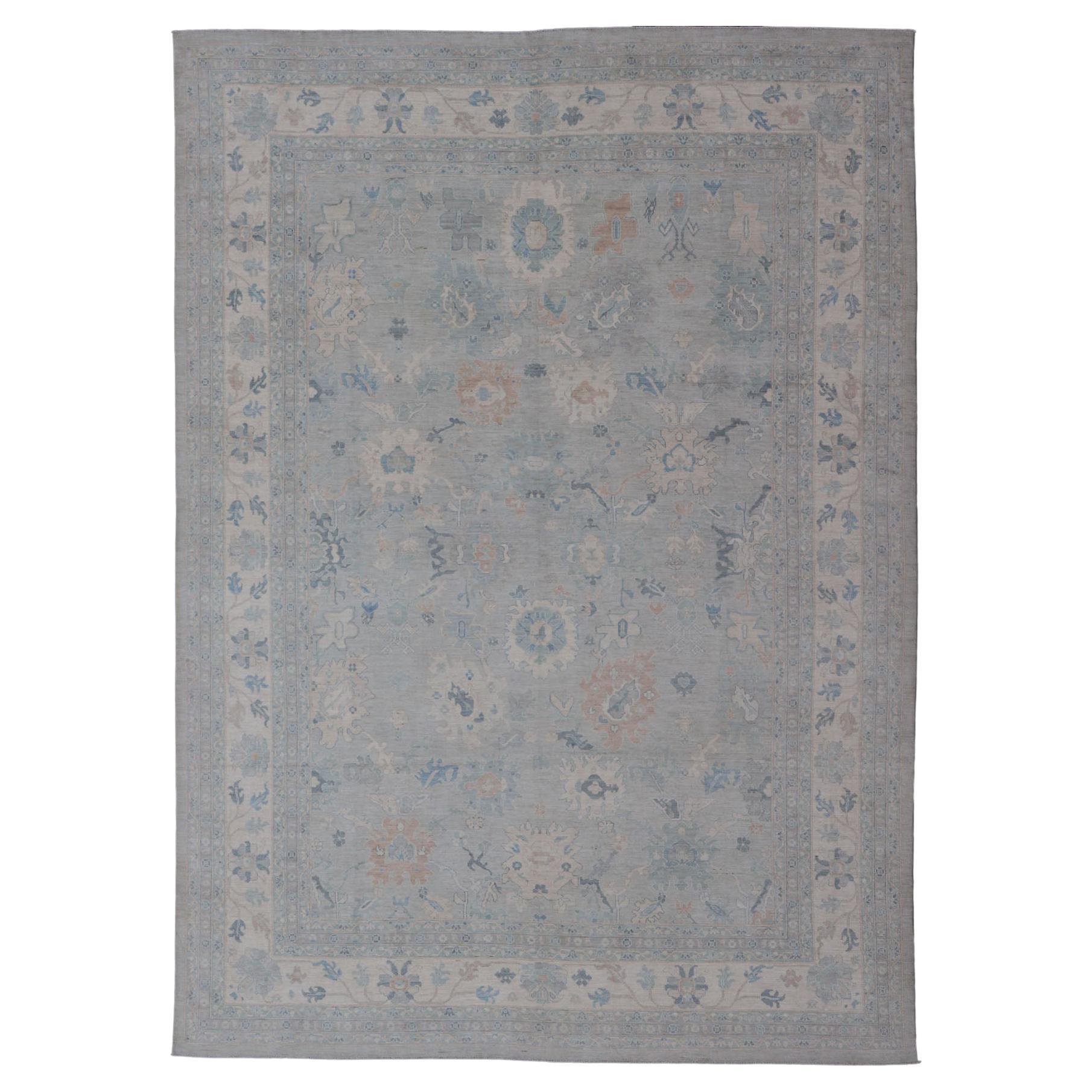 Very Large Modern Afghan Oushak with Soft Floral Motifs on Light Gray Background For Sale