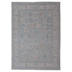 Very Large Modern Afghan Oushak with Soft Floral Motifs on Light Gray Background