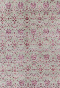 Large Modern Arts & Crafts Rug with Muted Green Background & Lavender / Pink