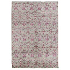 Large Modern Arts & Crafts Rug with Muted Green Background & Lavender / Pink 