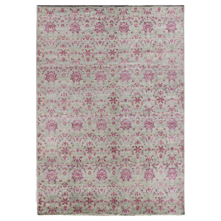 Large Modern Arts and Crafts Rug with Muted Green Background and