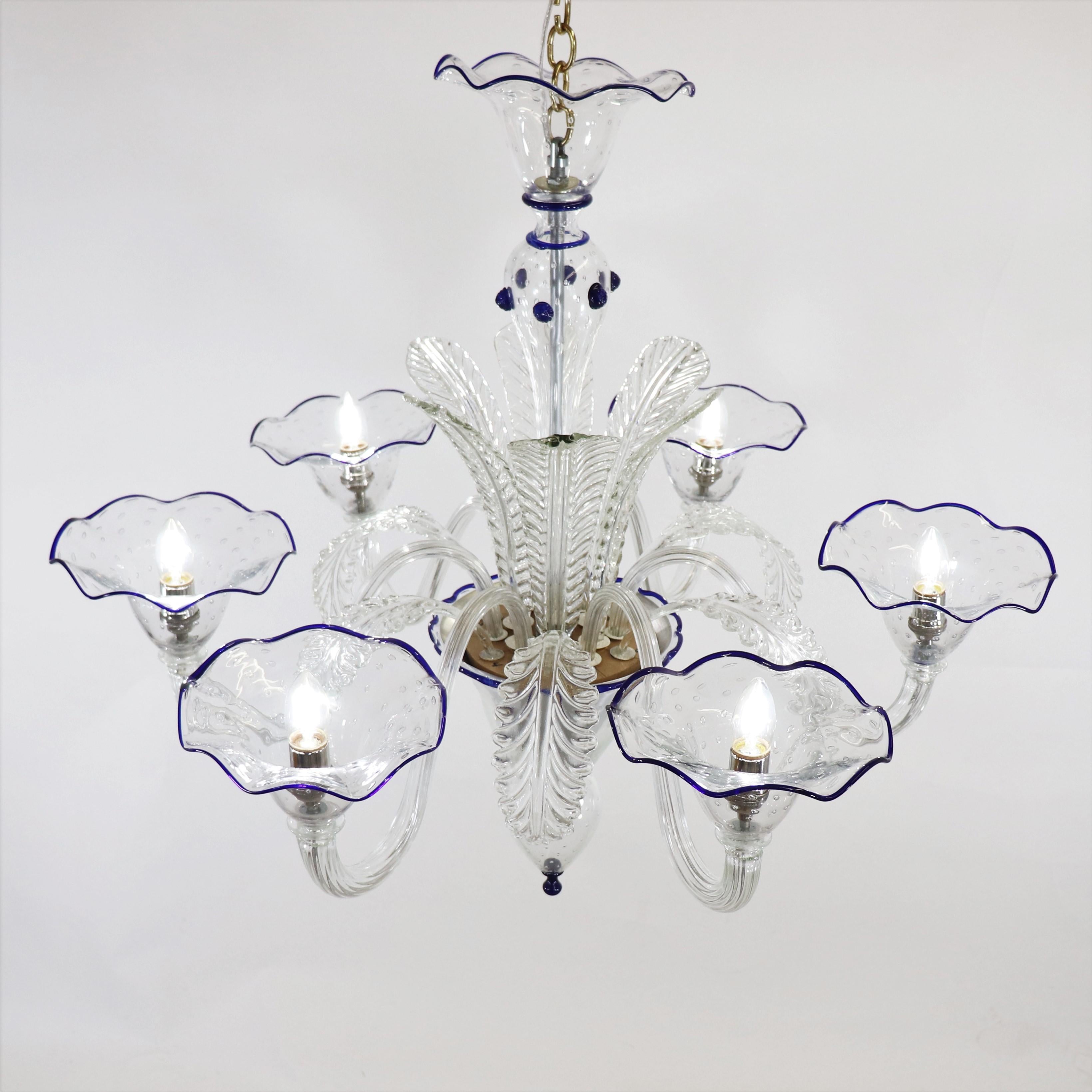 Hand-Crafted Large Modern Baroque Style Cristallino Bullicante and Blue Trim Murano For Sale