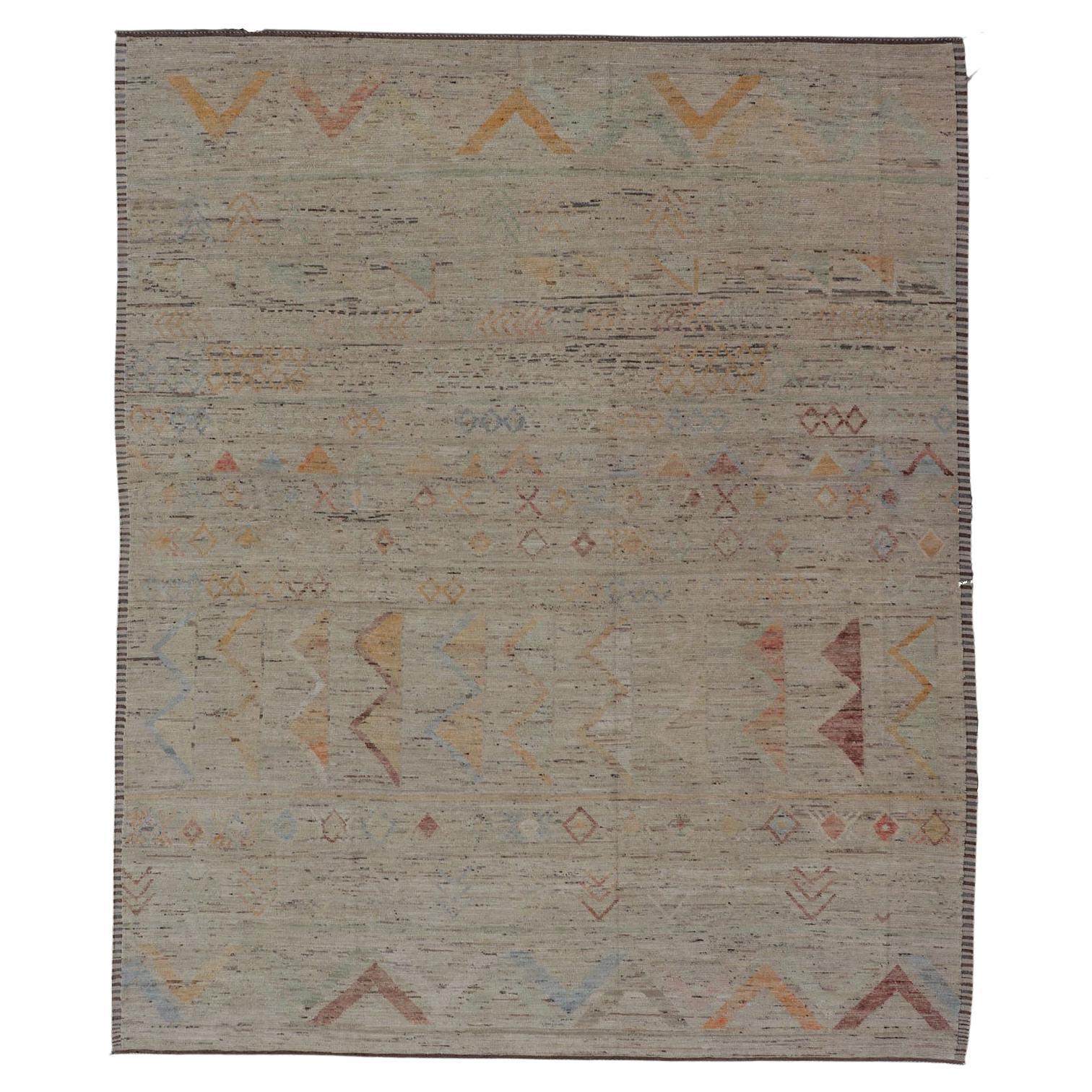 Large Modern Casual Area Rug in Sandy Tones With Pops of Color For Sale