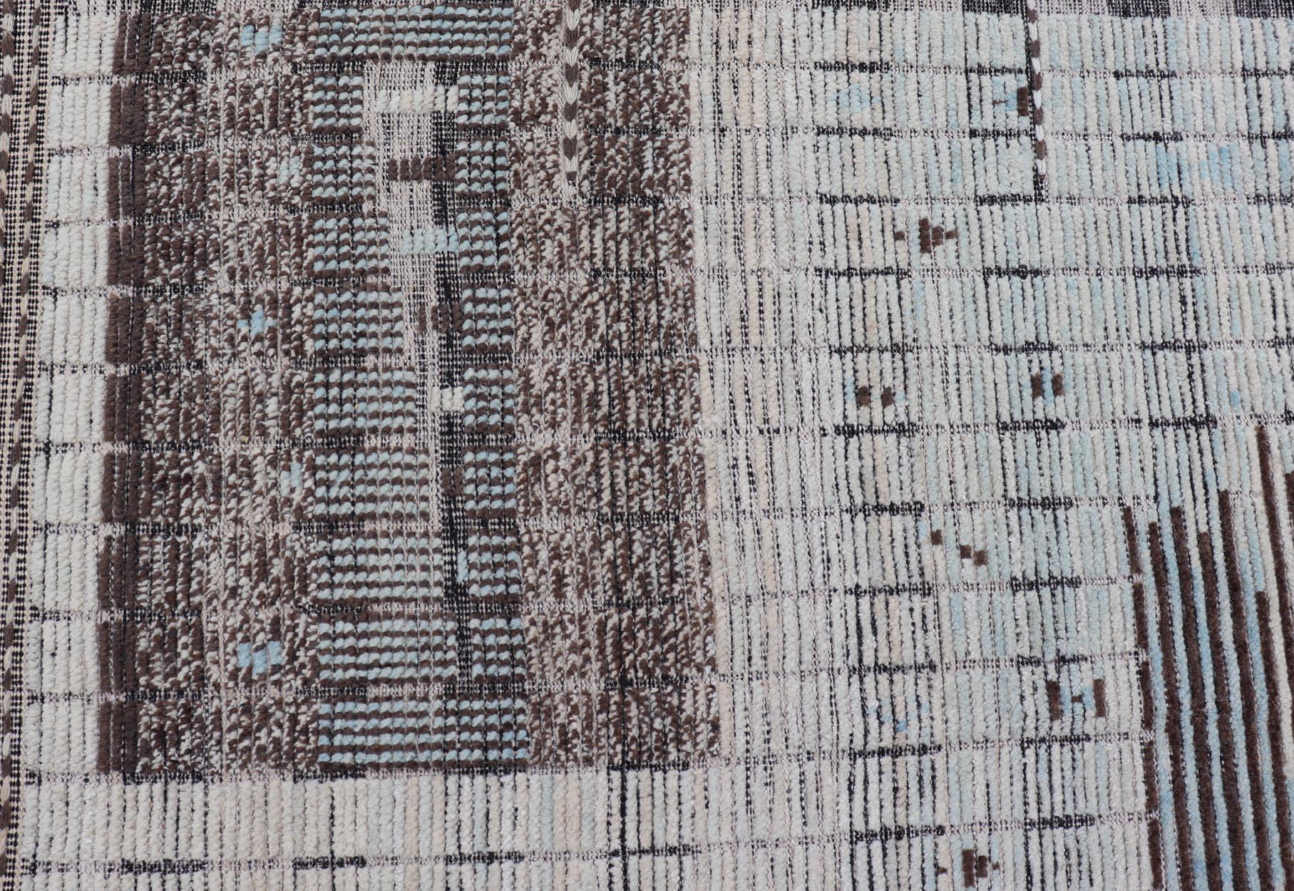 Contemporary Large Modern Casual Rug in off White, Ice Blue and Brown with Modern Design For Sale