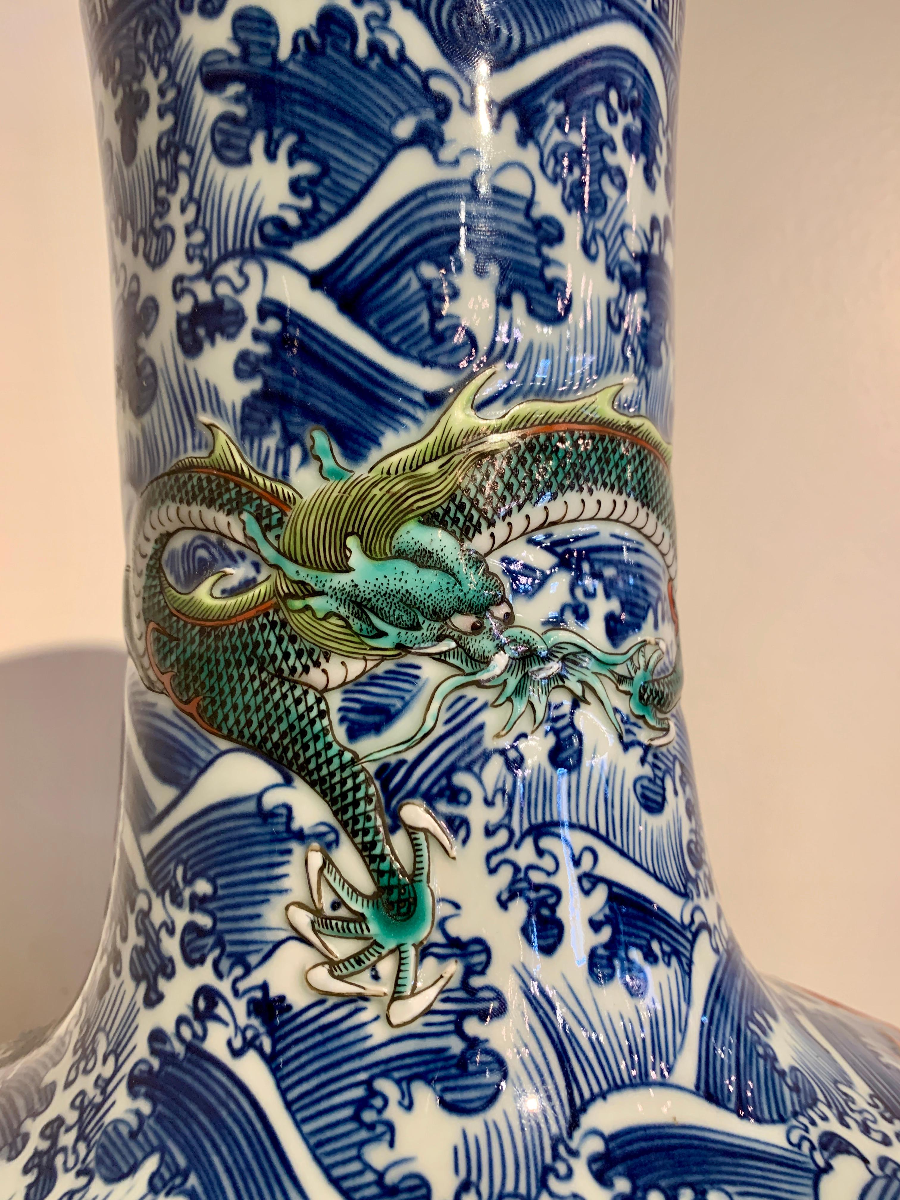Contemporary Large Modern Chinese Porcelain Nine Dragon Vase on Wood Stand, China For Sale