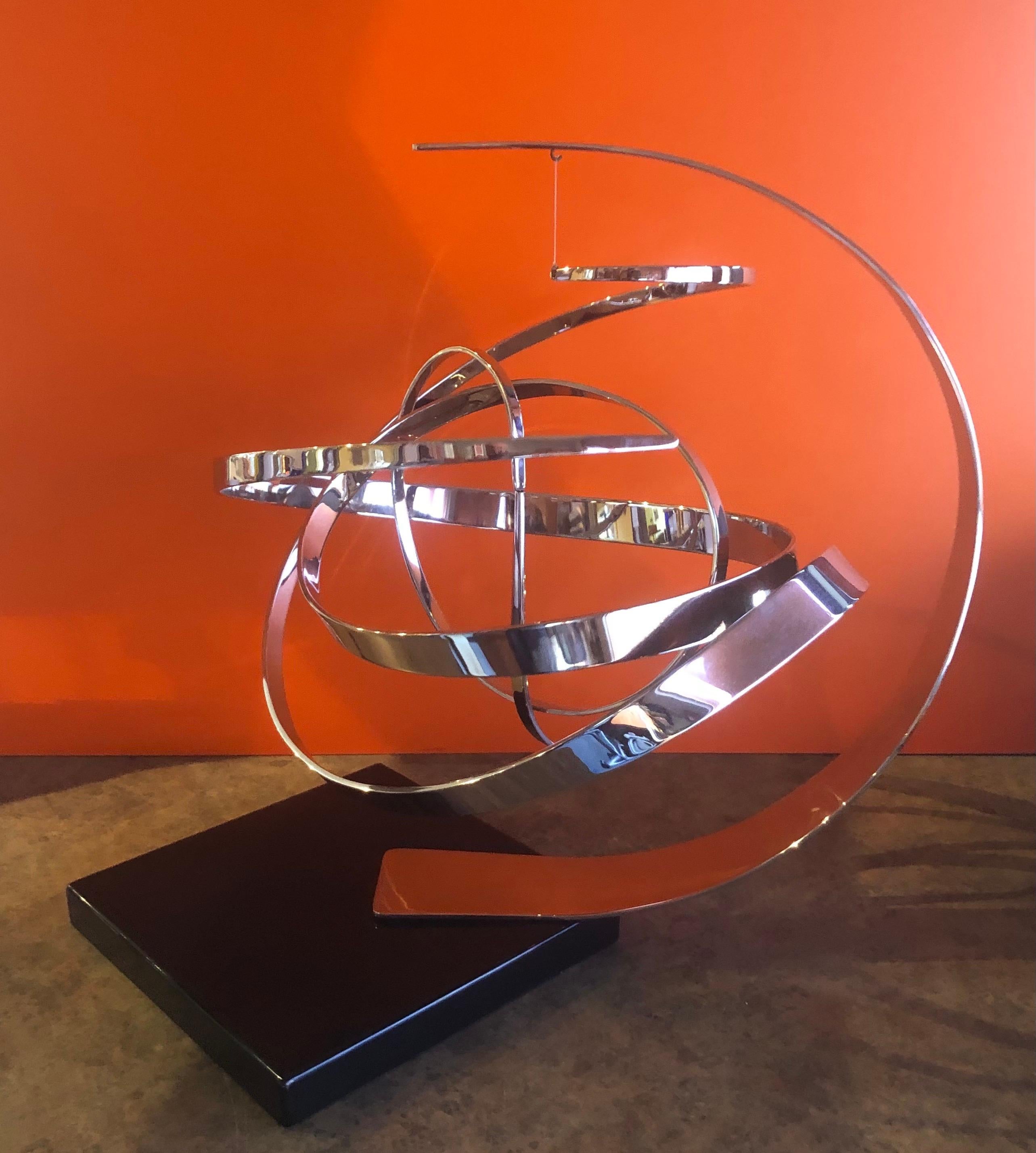 American Large Modern Chrome on Black Marble Kinetic Sculpture by Michael Cutler