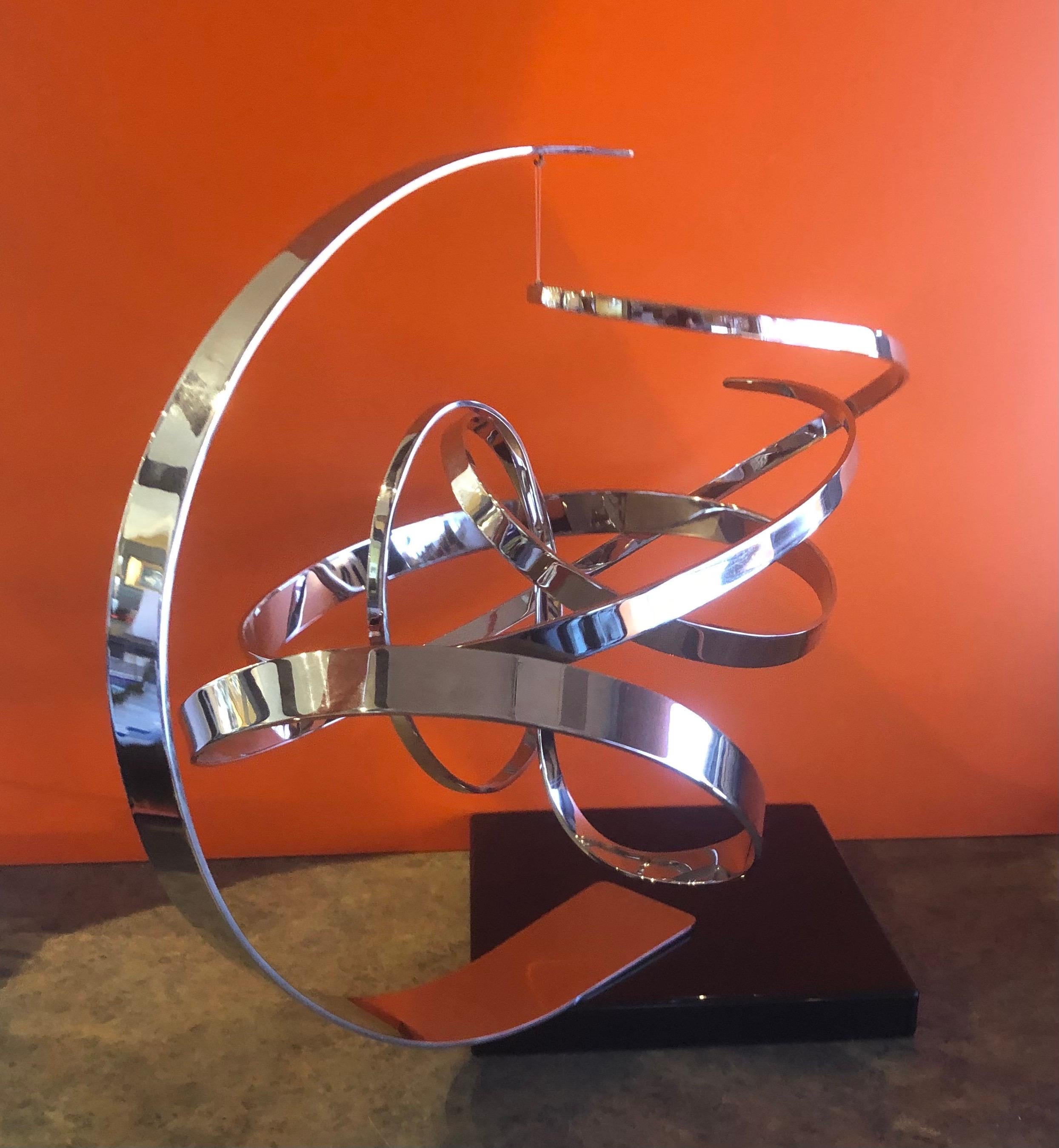 20th Century Large Modern Chrome on Black Marble Kinetic Sculpture by Michael Cutler