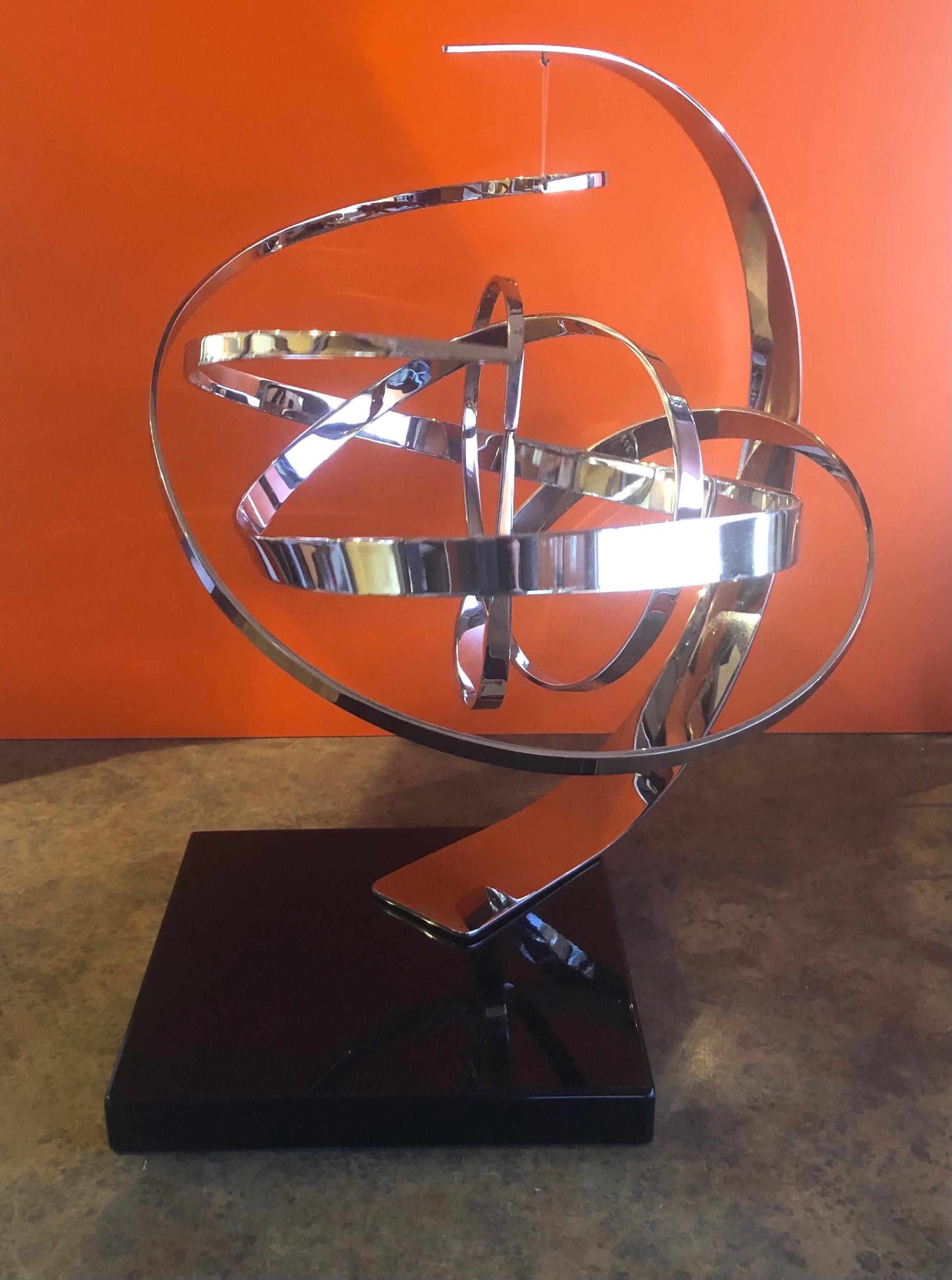 Large Modern Chrome on Black Marble Kinetic Sculpture by Michael Cutler 3