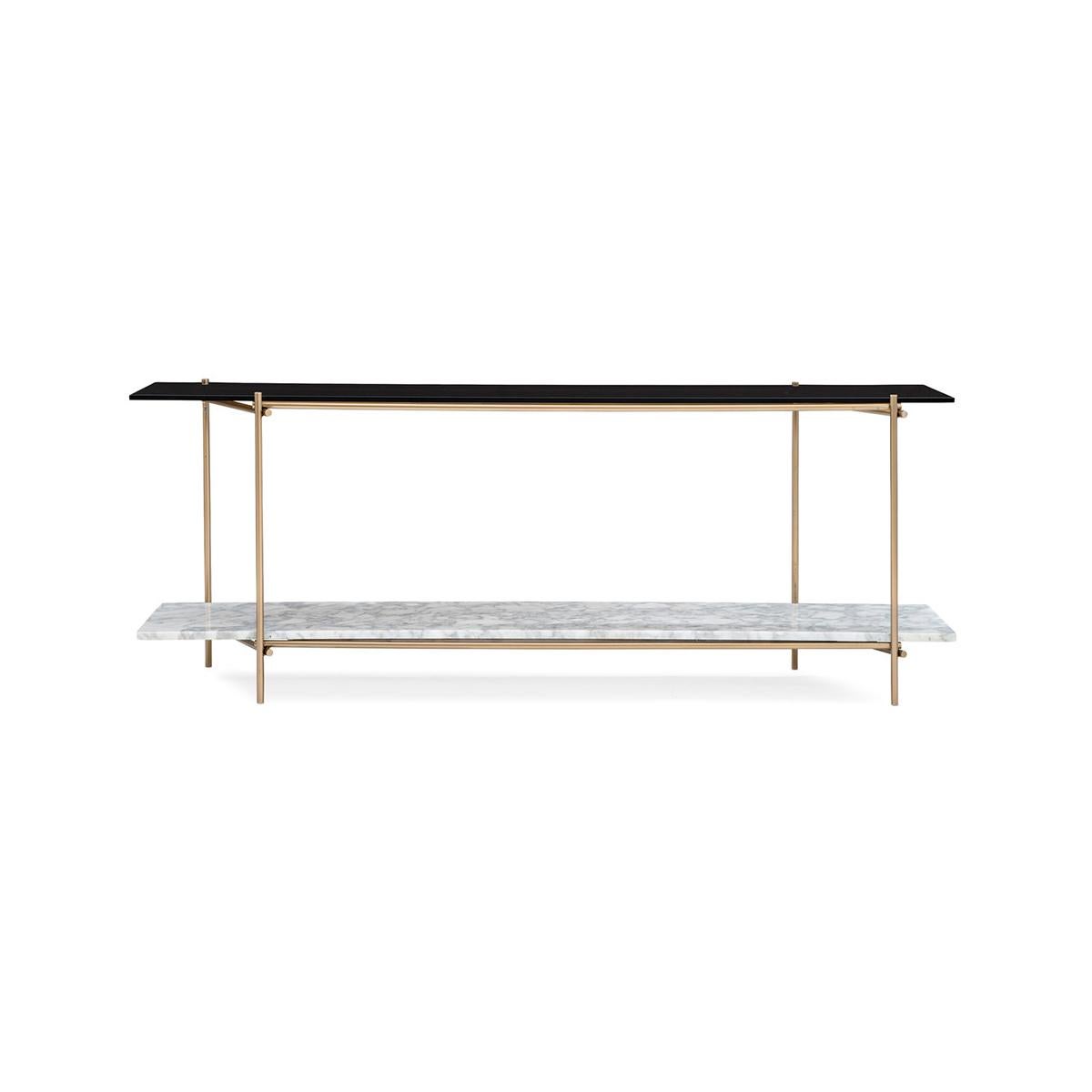Glass, metal, and stone meet and meld in this exceptionally beautiful console table. Its modern silhouette is open and airy yet offers substantial presence. At the top you’ll find an elegant plane of glass tinted in a warm brown that lets you look
