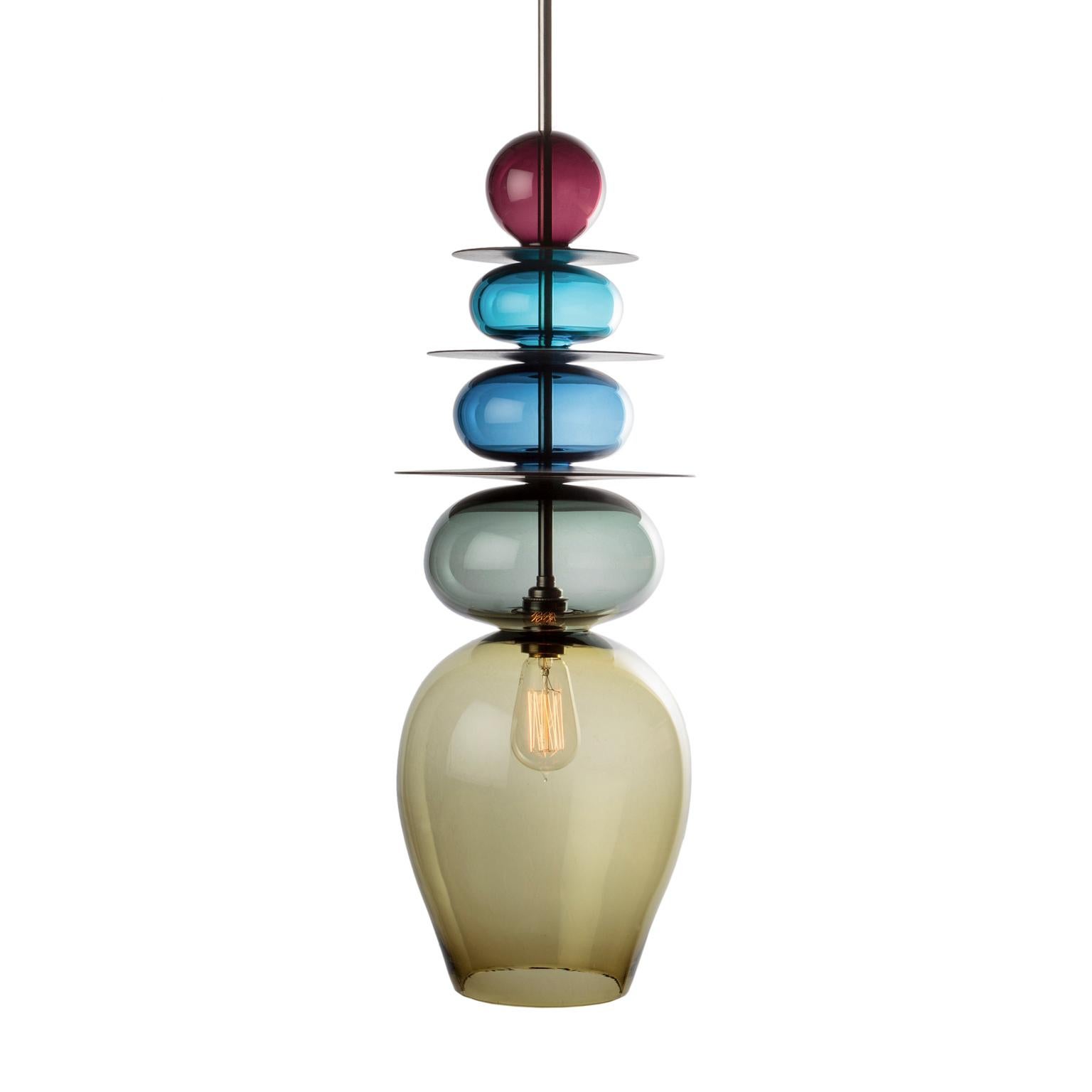 Large Modern Custom Made Oriental Sculptural Colored Glass Pendant / Chandelier For Sale