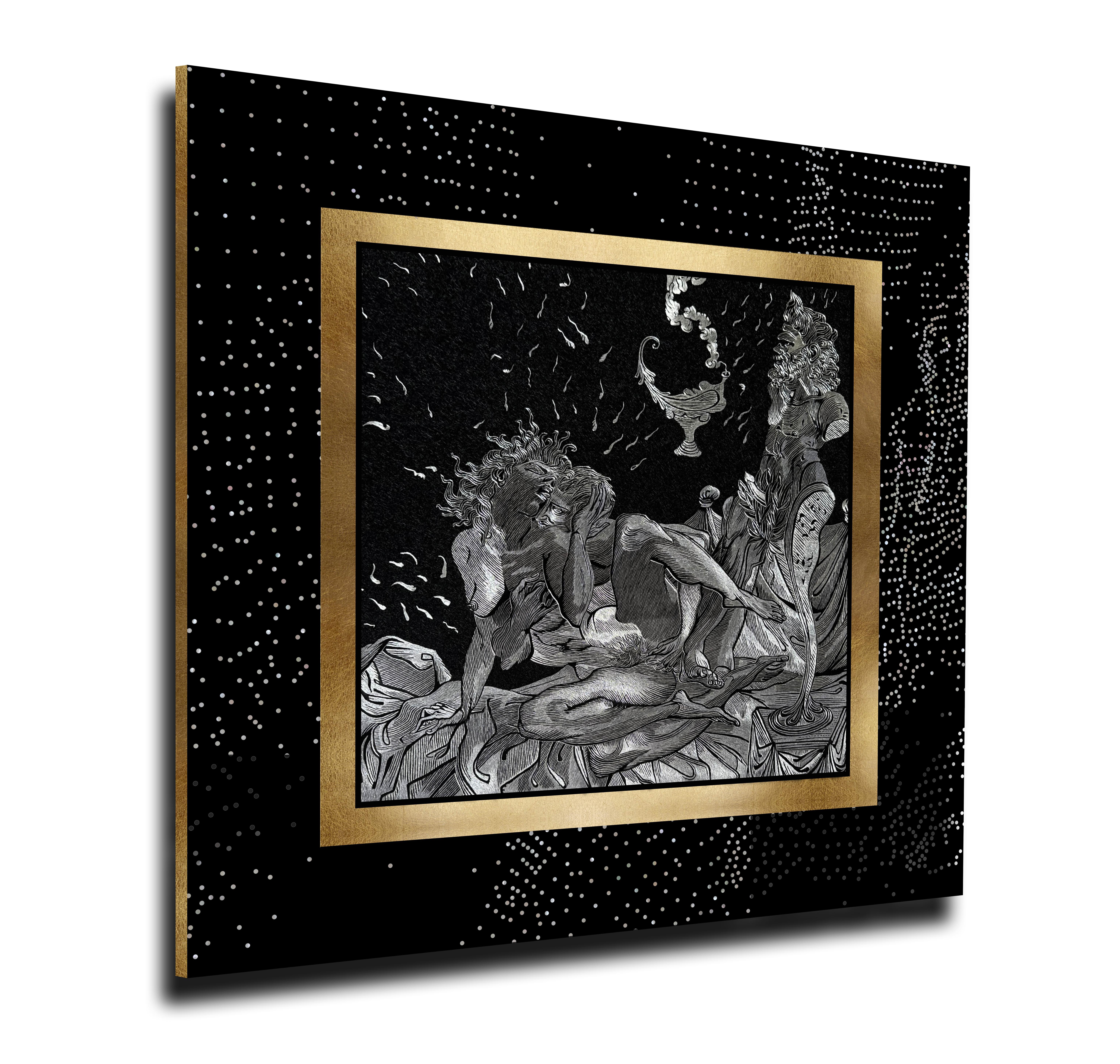 Arazzo ricamato in seta e fili metallici in cornice Wood Wood nera con perle

Grande Modern-Decor Art in  Stile erotico
Seta, fili metallici d'argento, madreperla, legno nero di lacca antica, foglia d'oro 24 carati.

Amanti sotto copertura notturna