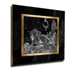 Tapisserie brodée de soie et de fils métalliques dans un cadre en bois noir avec perles